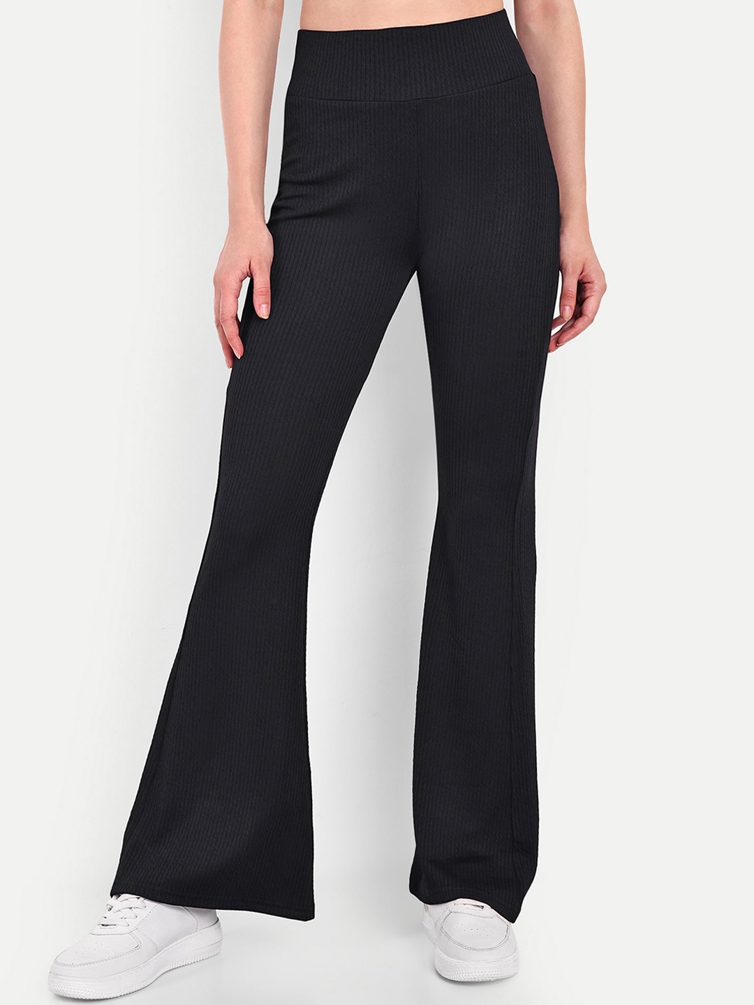 

BROADSTAR Women Smart Flared High-Rise Easy Wash Trousers, Black