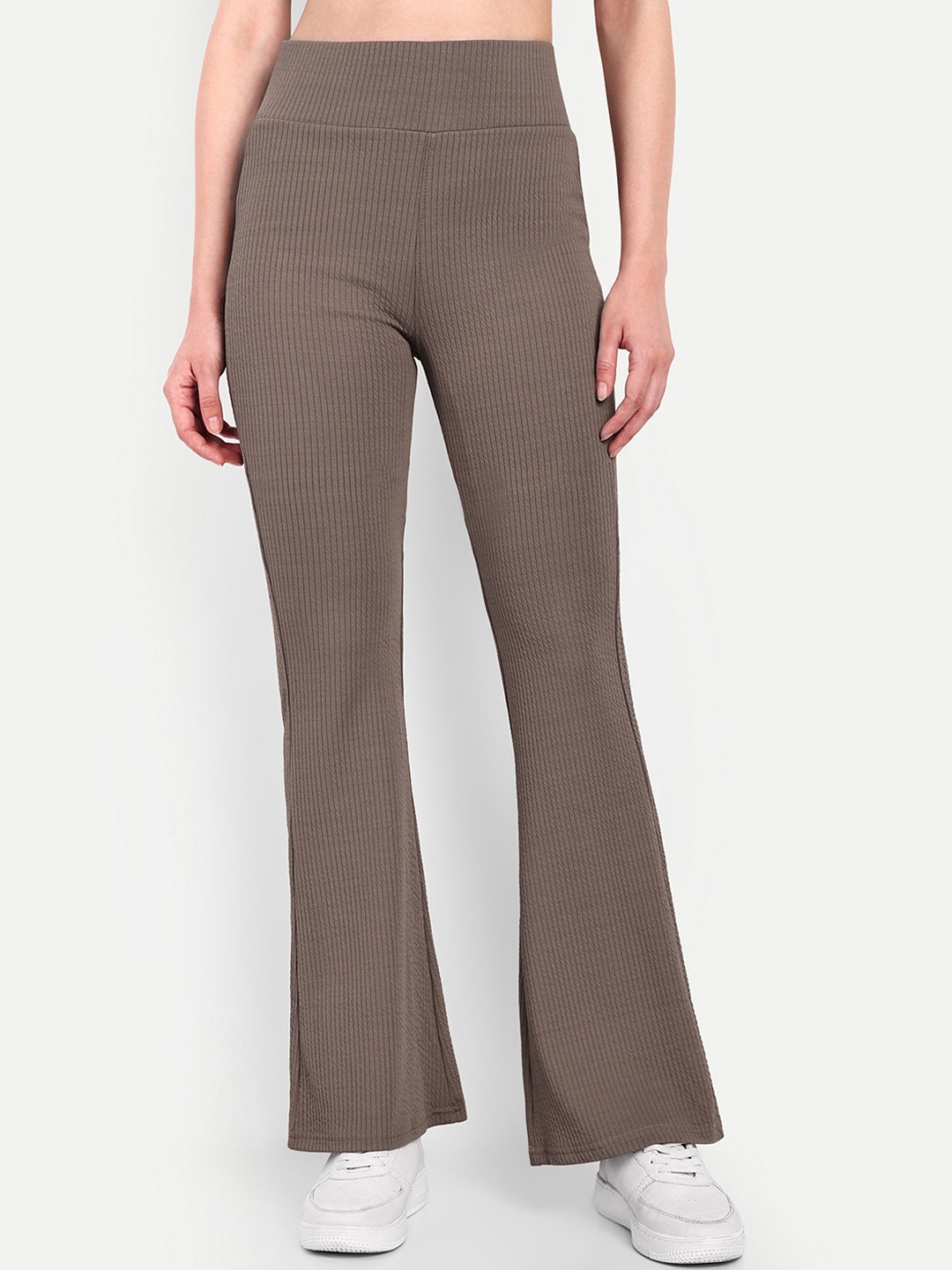 

BROADSTAR Women Striped Smart Flared High-Rise Easy Wash Trousers, Brown