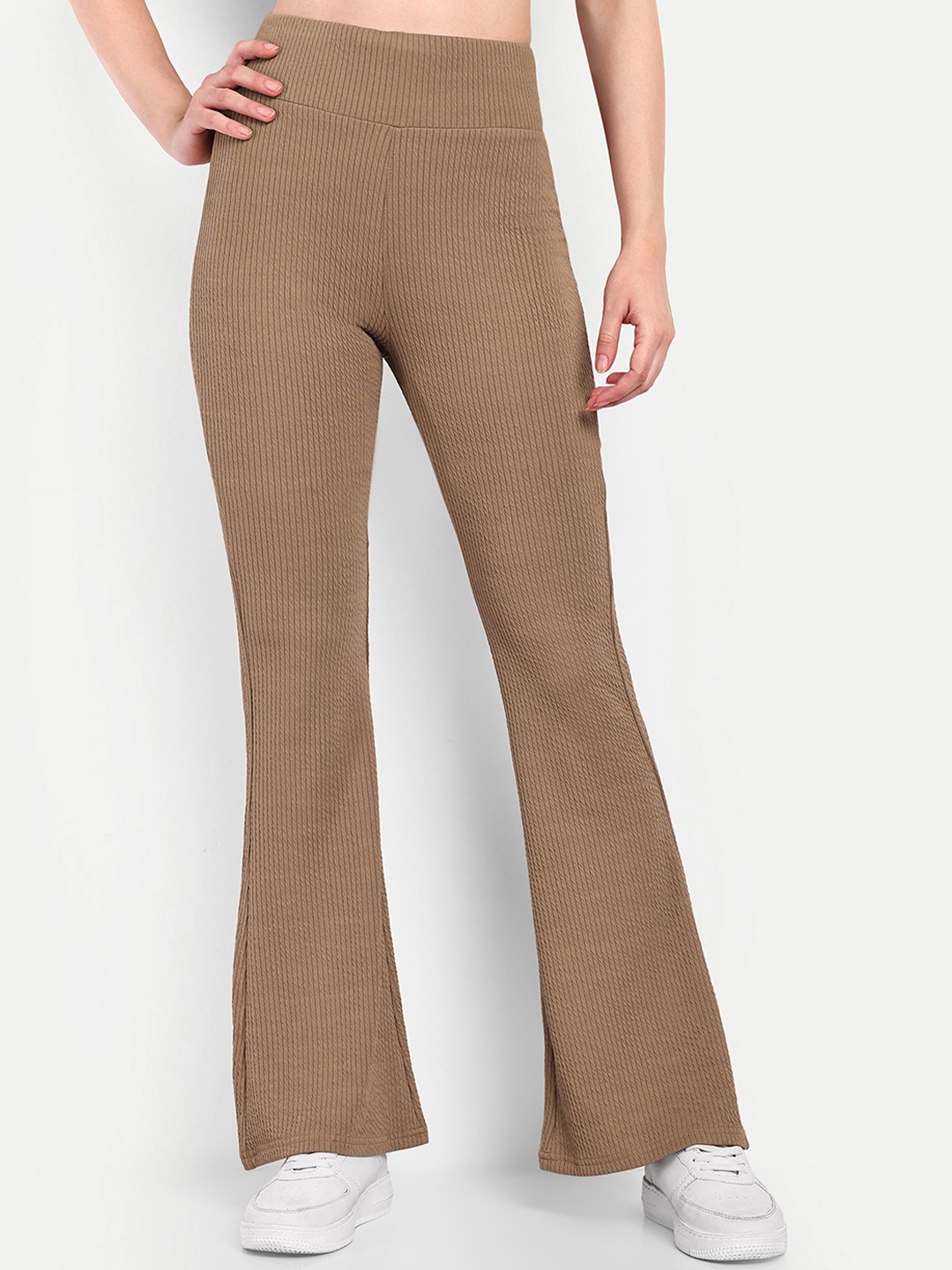 

BROADSTAR Women Smart Flared High-Rise Easy Wash Trousers, Beige