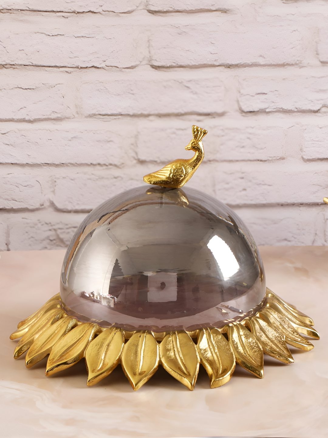 

THE HOME CO. Pink Lotus Base Cakestand With Glass Peacock dome