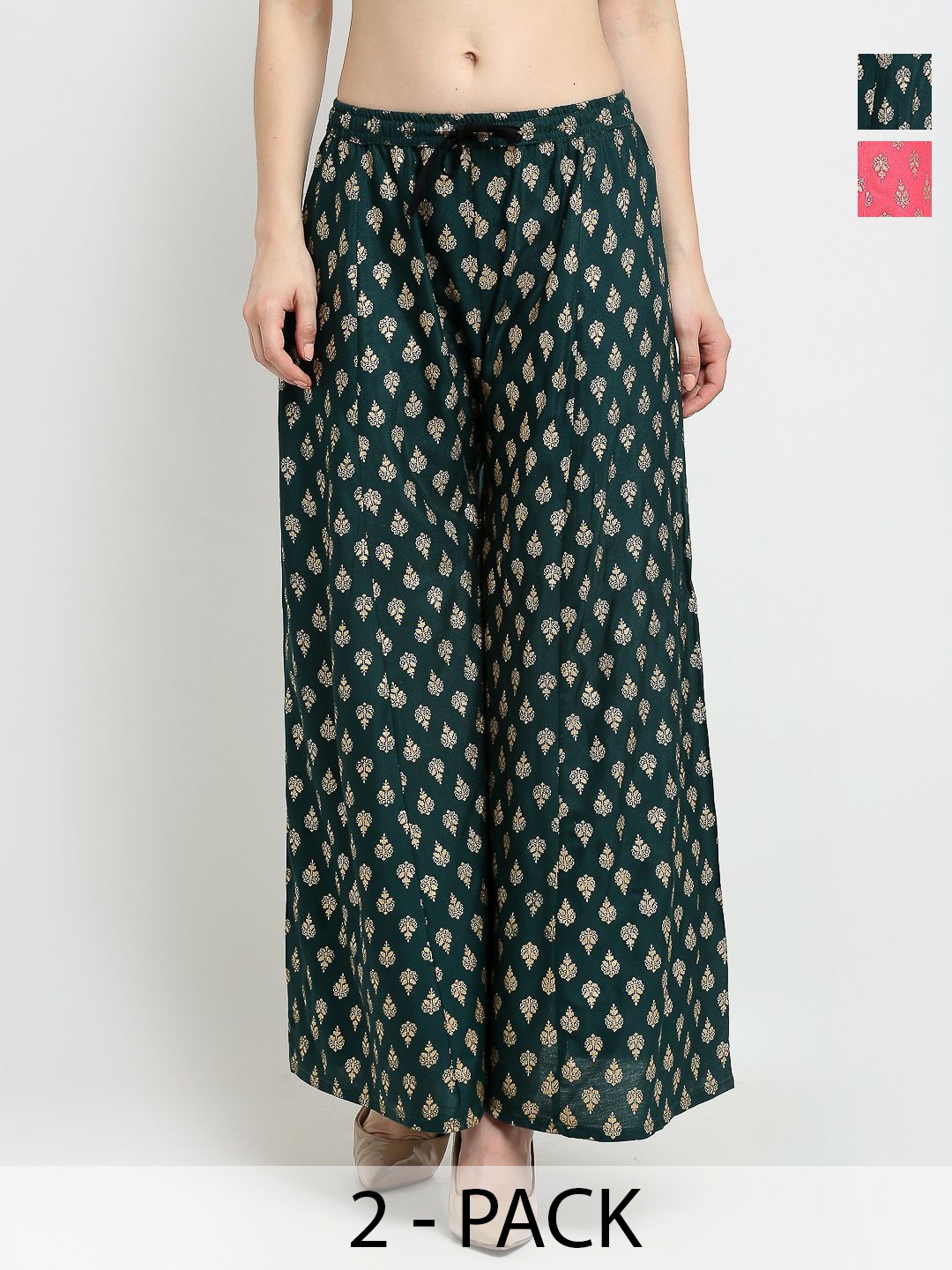 

GRACIT Women 2 Floral Printed Flared Knitted Palazzos, Green
