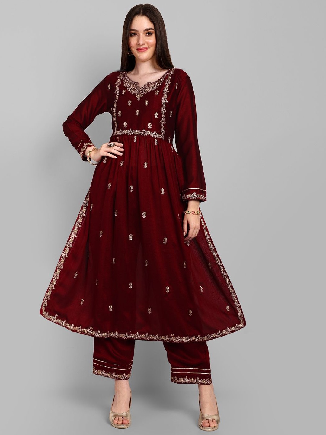 

KALINI Women Floral Embroidered Empire Thread Work Kurta with Trousers, Maroon
