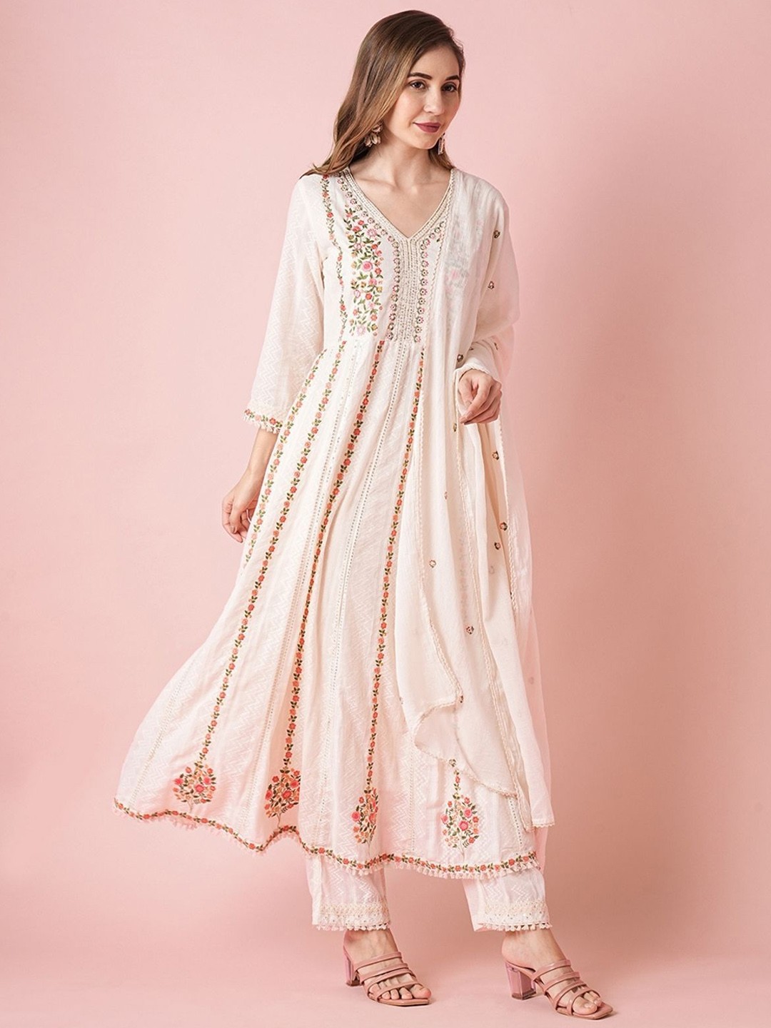 

ODETTE Women Embroidered Regular Thread Work Kurta with Trousers & With Dupatta, White