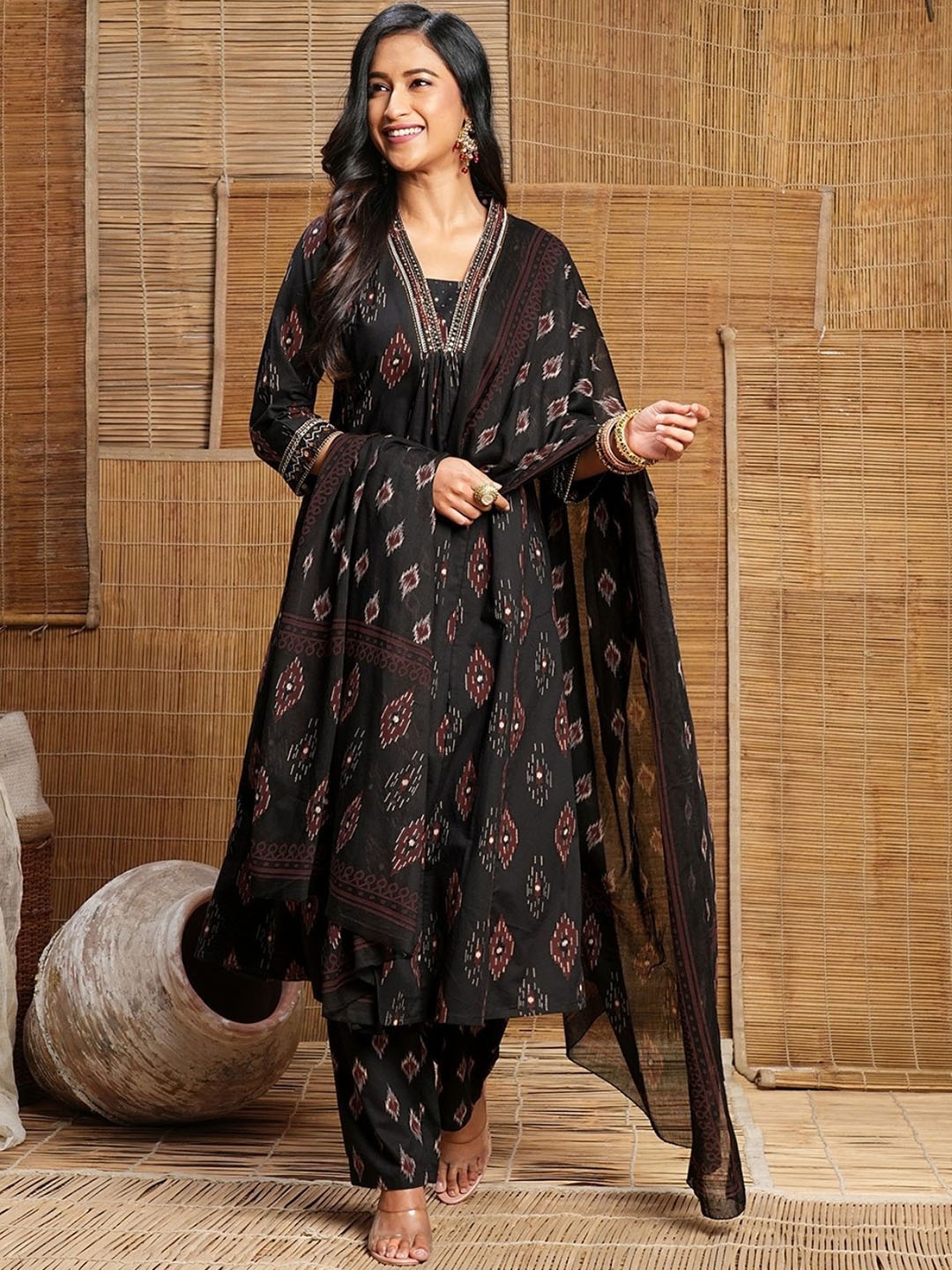

ODETTE Women Printed Regular Mirror Work Kurta with Trousers & With Dupatta, Black