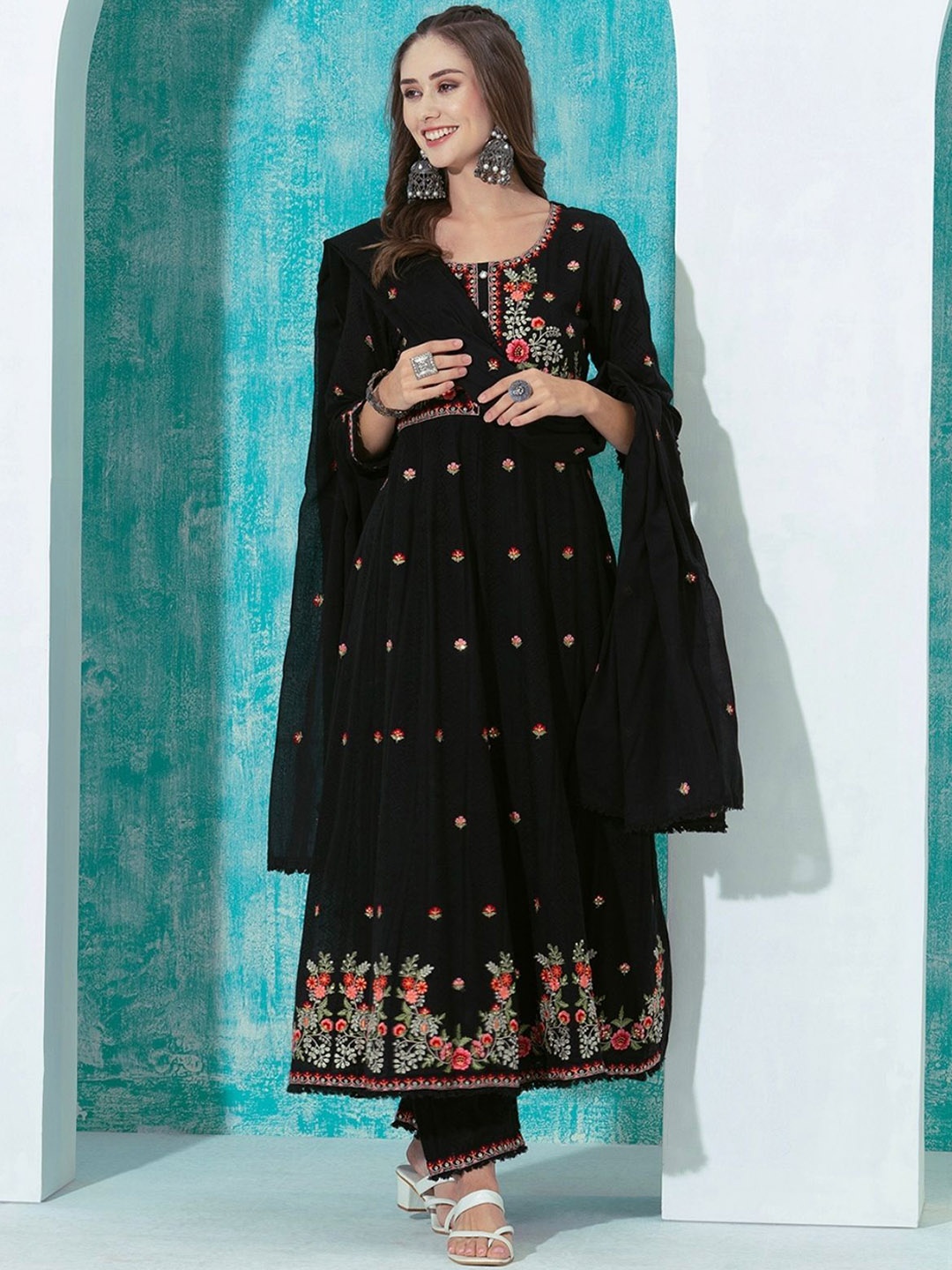 

ODETTE Women Floral Embroidered Angrakha Kurta with Trousers & With Dupatta, Black