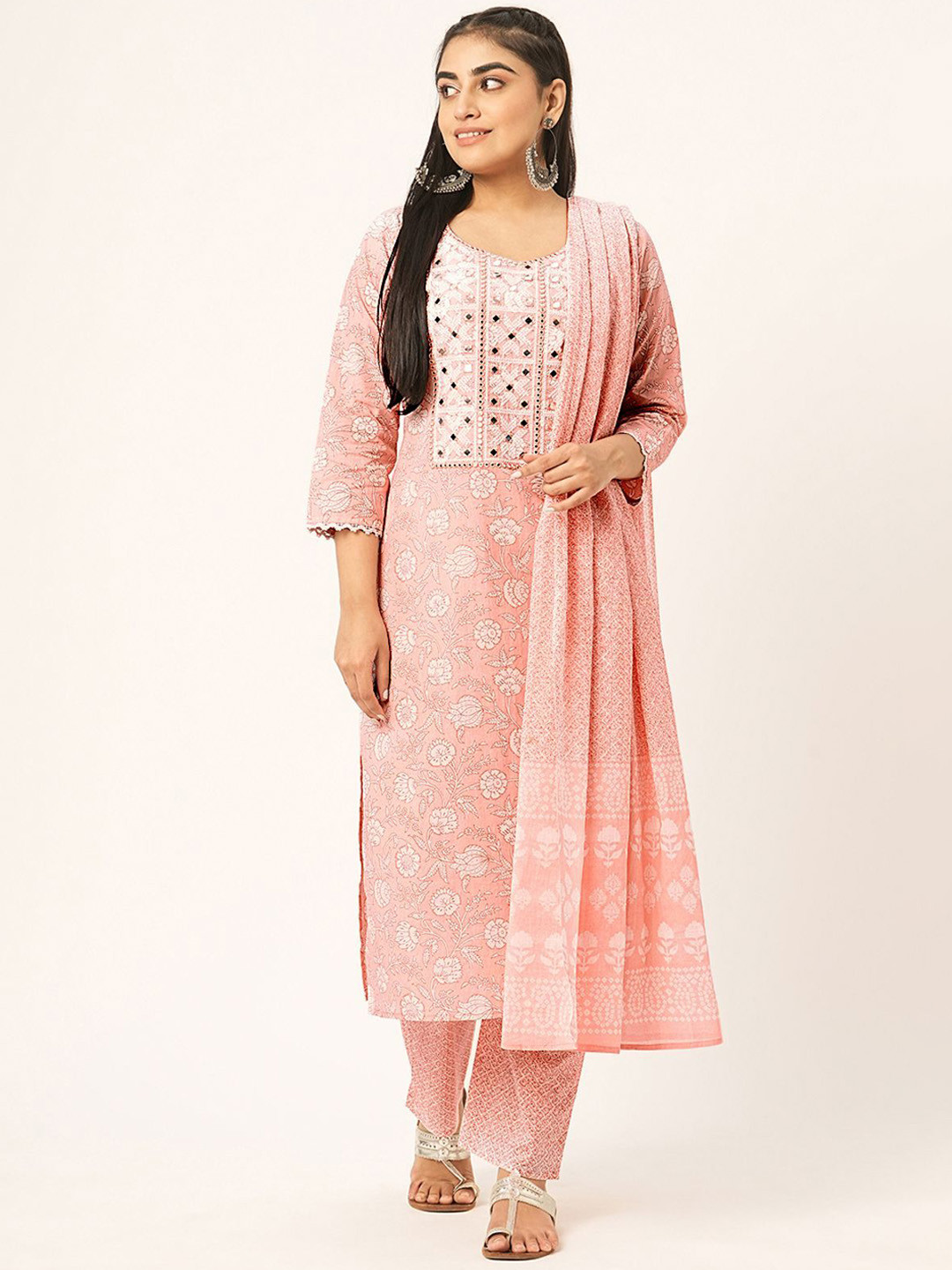 

ODETTE Women Floral Printed Regular Thread Work Kurta with Trousers & With Dupatta, Peach
