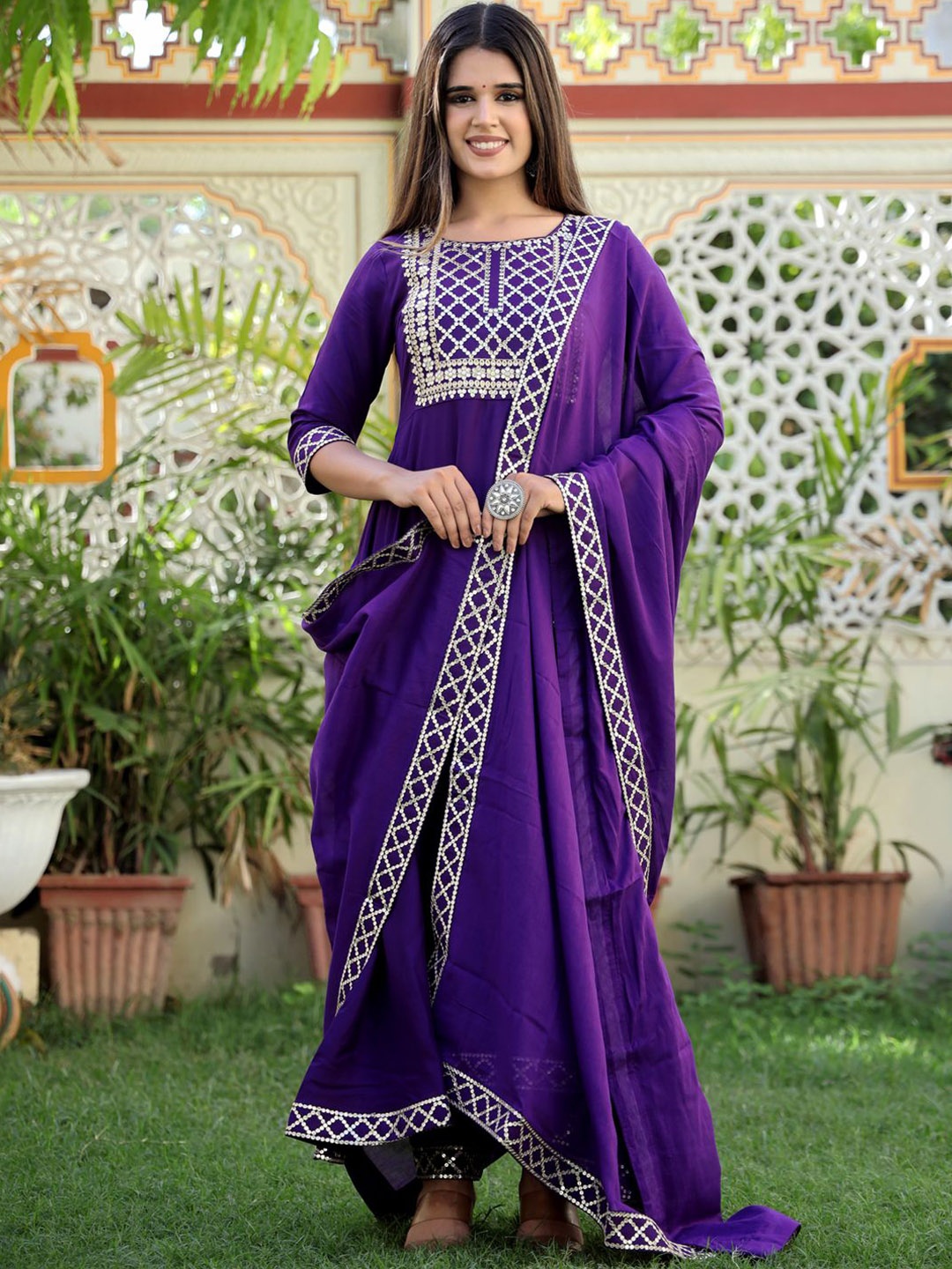 

ELVISH JAIPUR Women Yoke Design Regular Sequinned Kurta with Trousers & With Dupatta, Purple