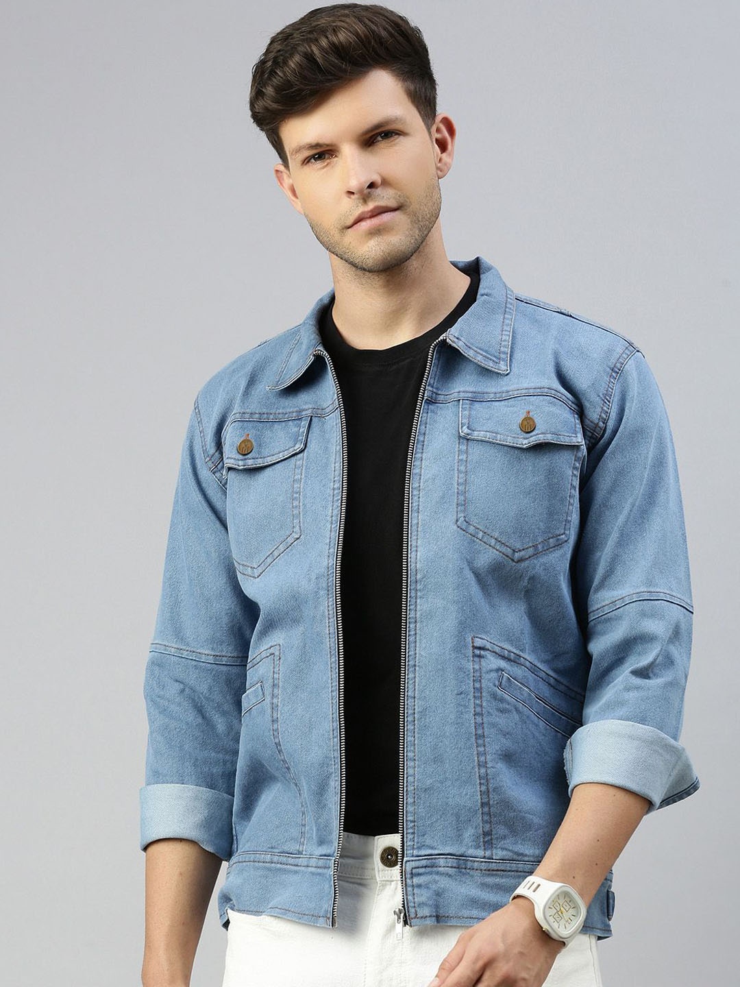 

VOXATI Men Washed Crop Denim Jacket with Patchwork, Blue
