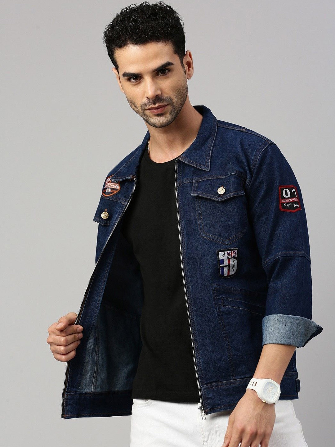 

VOXATI Men Floral Striped Longline Denim Jacket with Patchwork, Blue