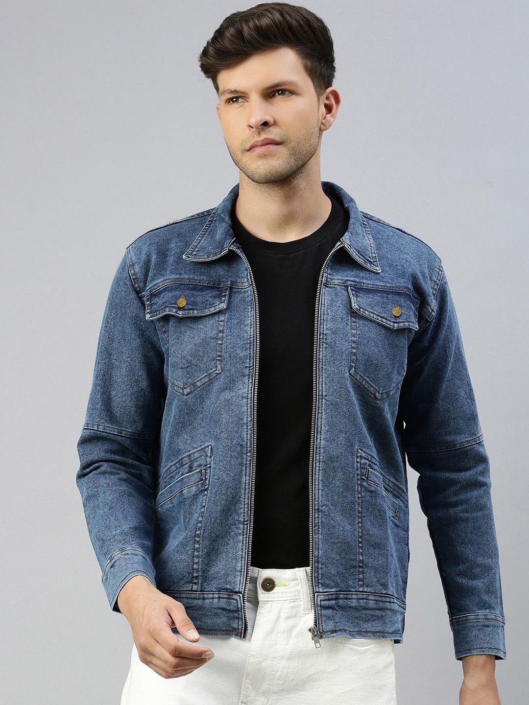 

VOXATI Men Washed Denim Jacket with Patchwork, Blue