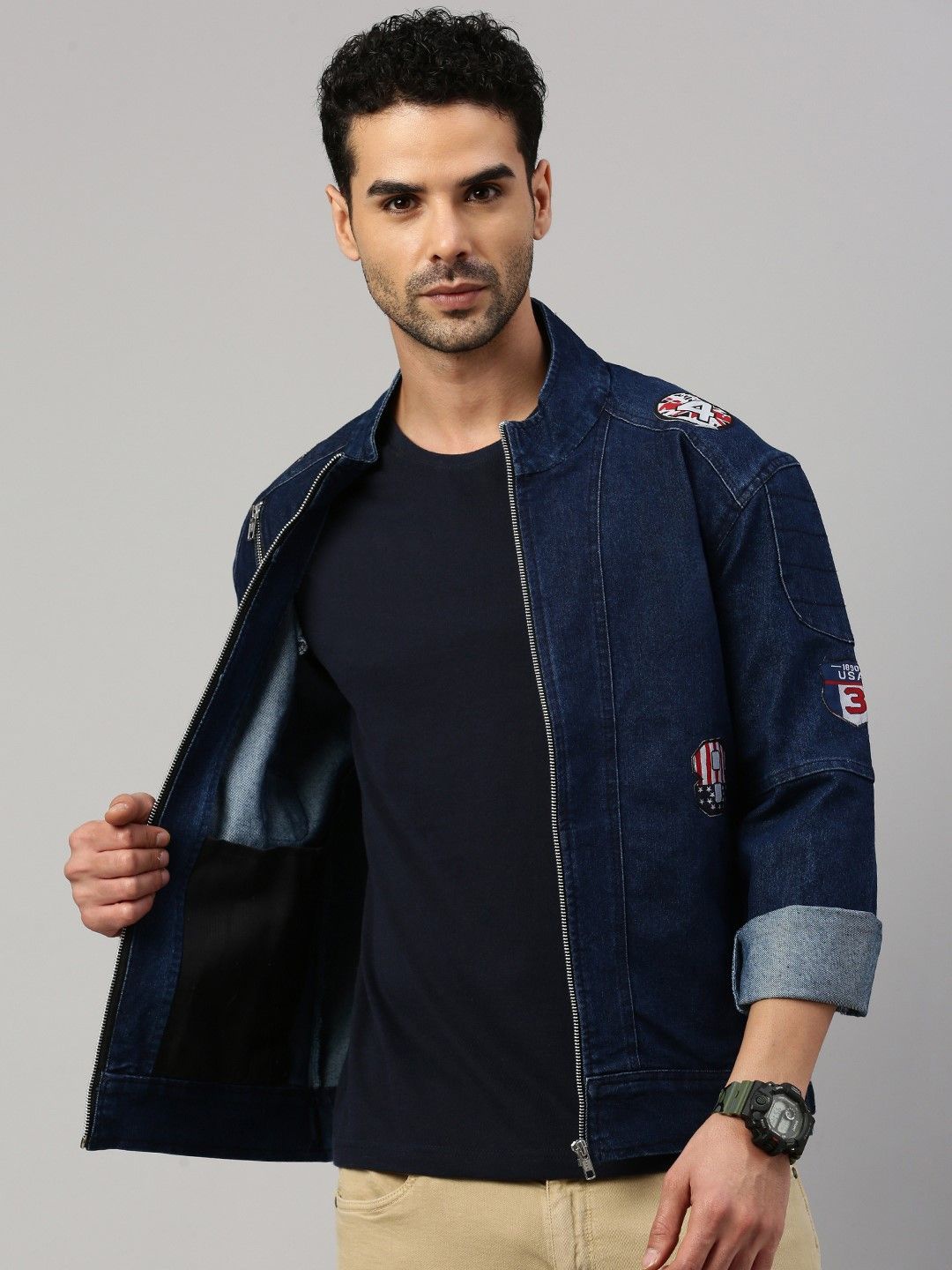 

VOXATI Men Washed Striped Denim Jacket with Embroidered, Blue