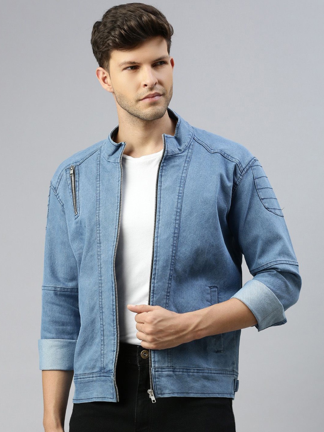 

VOXATI Men Checked Denim Jacket, Blue