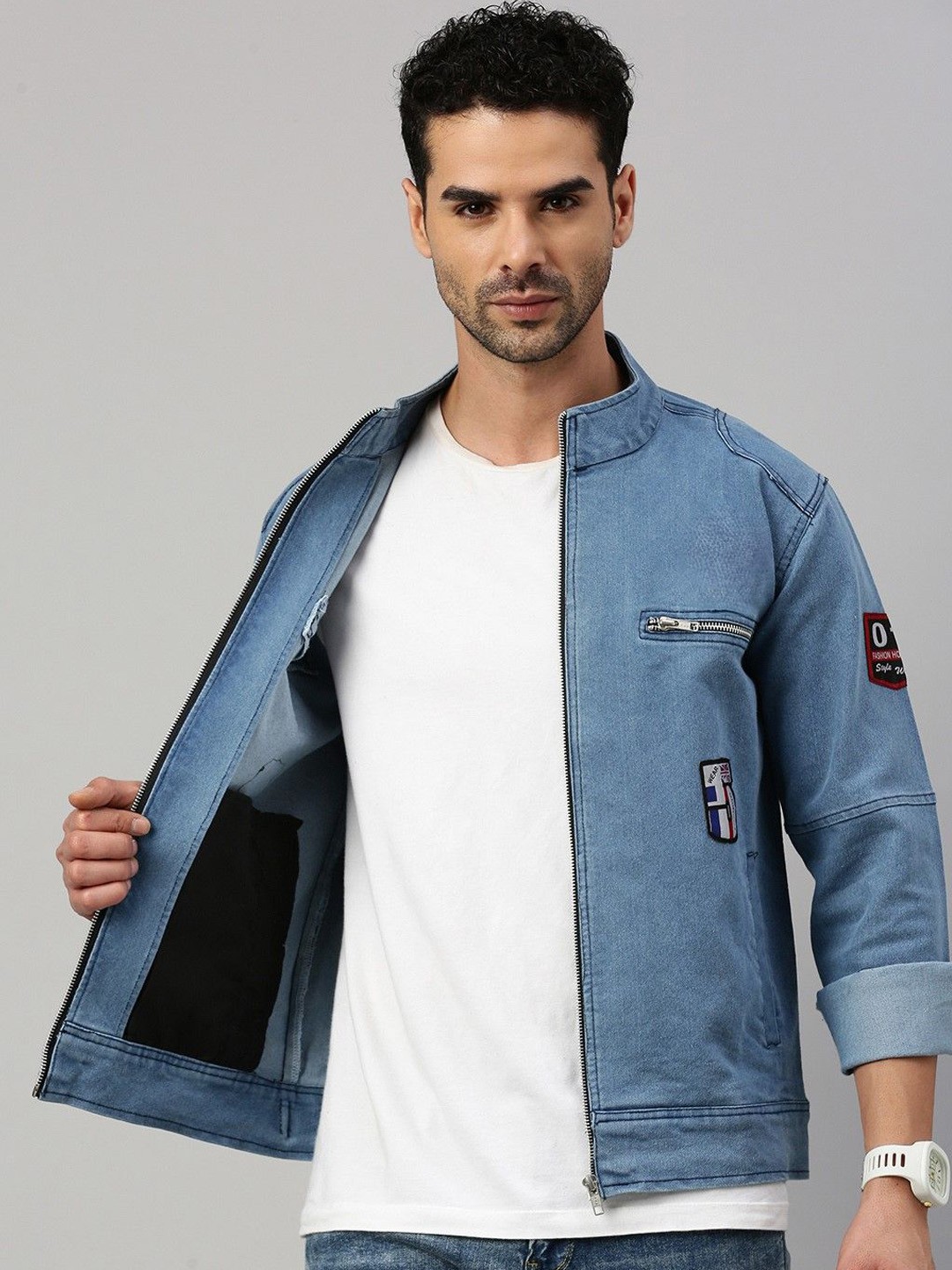 

VOXATI Men Washed Crop Denim Jacket with Patchwork, Blue