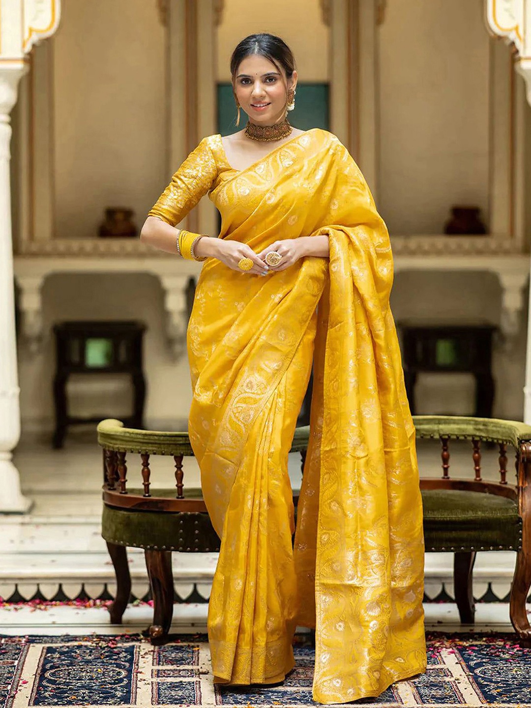 

BerMondsey Ethnic Motifs Zari Silk Blend Banarasi Saree, Mustard