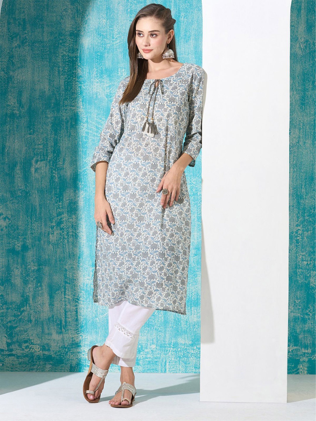 

Odette Floral Printed Cotton Straight Kurta, Grey