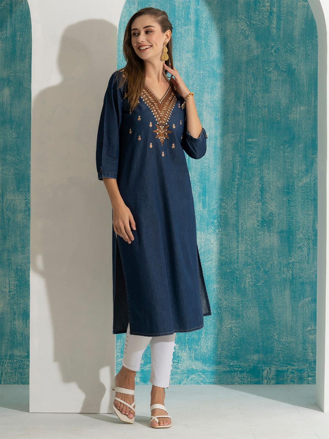 

Odette Embroidered Denim Straight Kurta, Blue