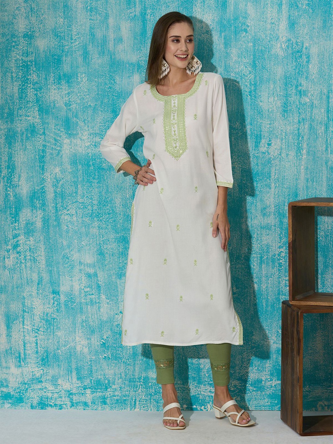 

ODETTE Embroidered Straight Kurta, White