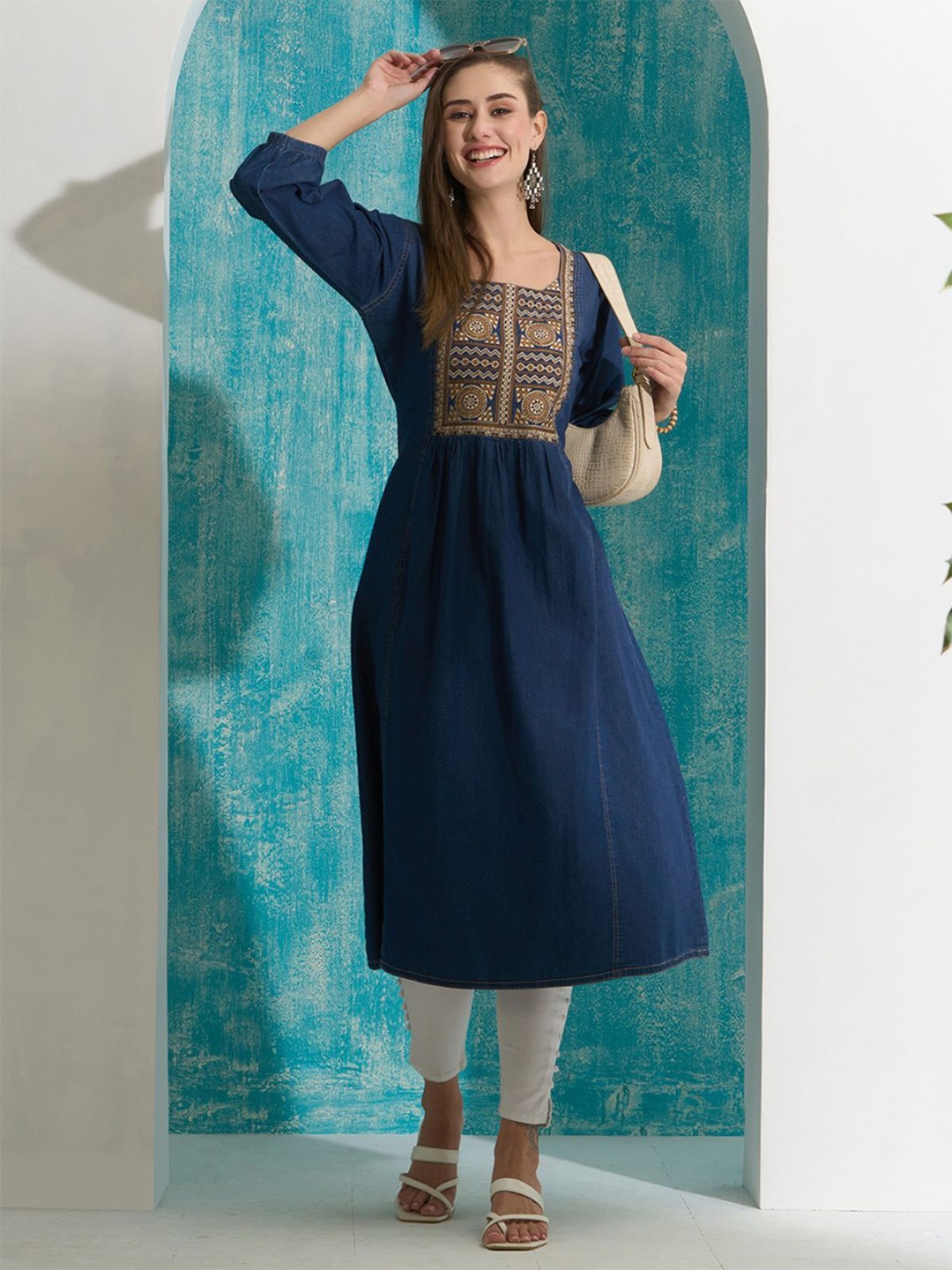 

ODETTE Ethnic Motifs Yoke Design Thread Work Denim Kurta, Blue