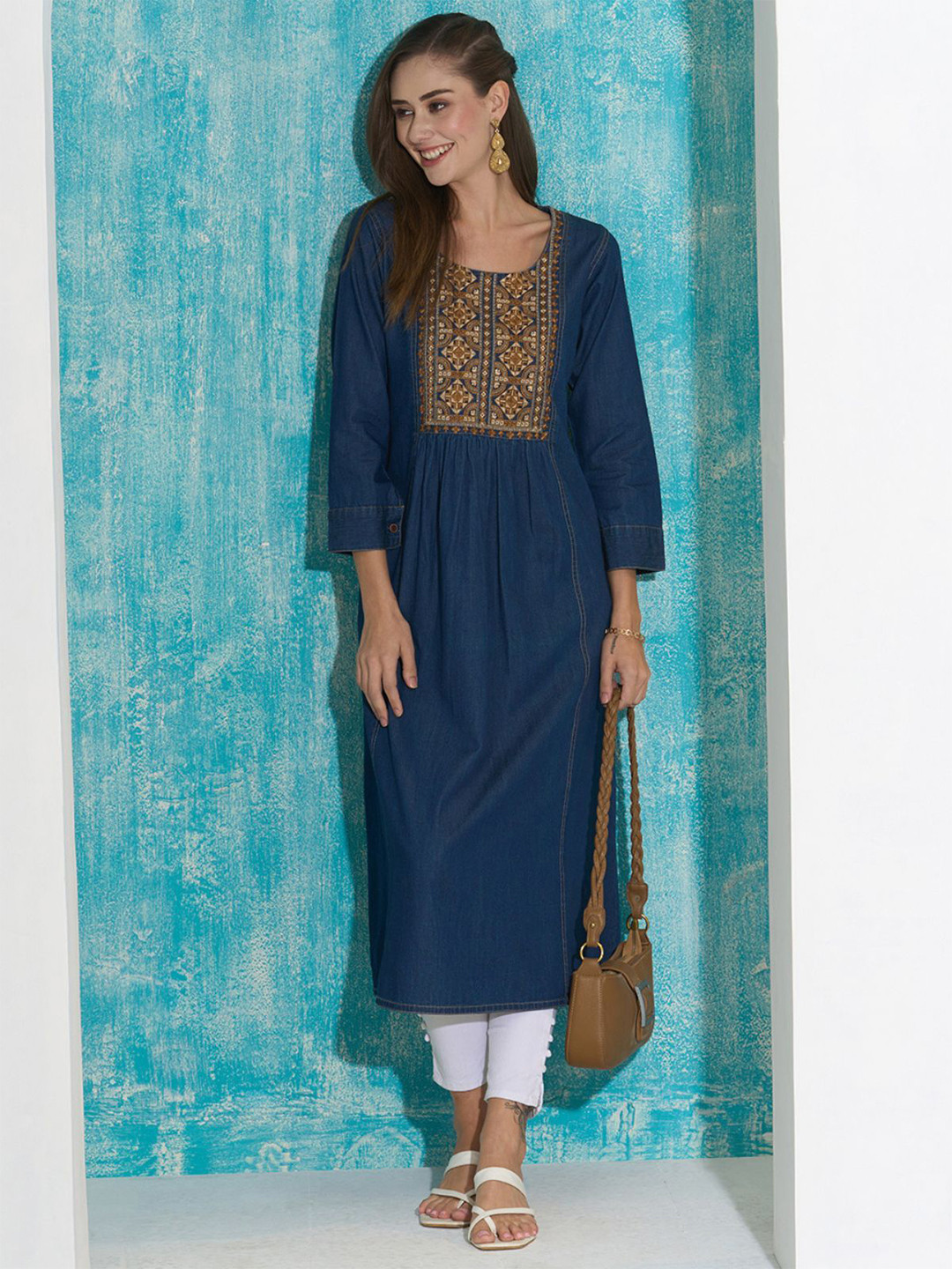 

ODETTE Women Ethnic Motifs Yoke Design Thread Work Denim Kurta, Blue