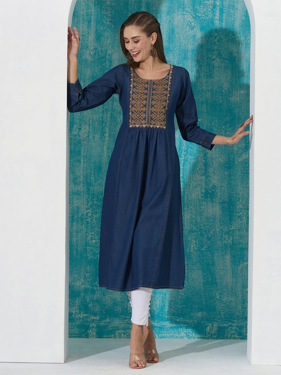 

Odette Embroidered Denim Straight Kurta, Blue