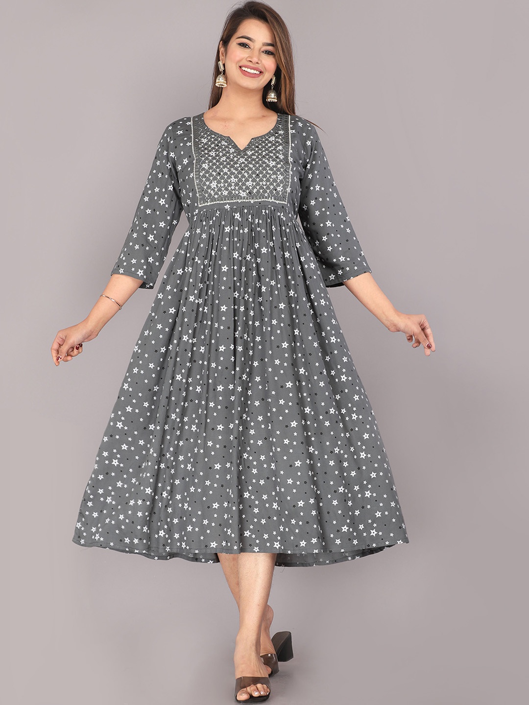 

DADIYA Women Ethnic Motifs Printed Flared Sleeves Thread Work Anarkali Kurta, Grey