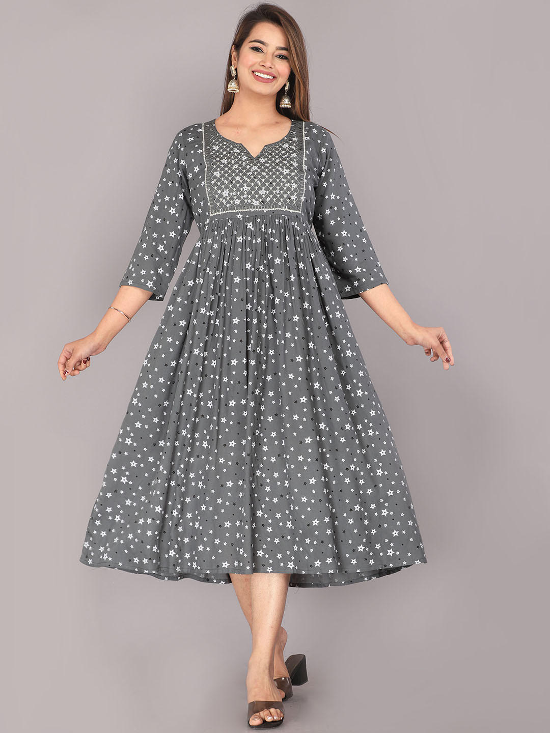 

DADIYA Women Ethnic Motifs Printed Flared Sleeves Thread Work Anarkali Kurta, Grey