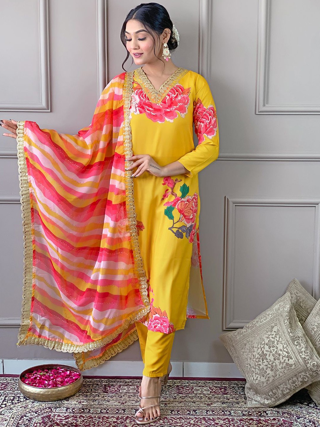 

KALINI Women Floral Printed Regular Kurta with Trousers & With Dupatta, Yellow
