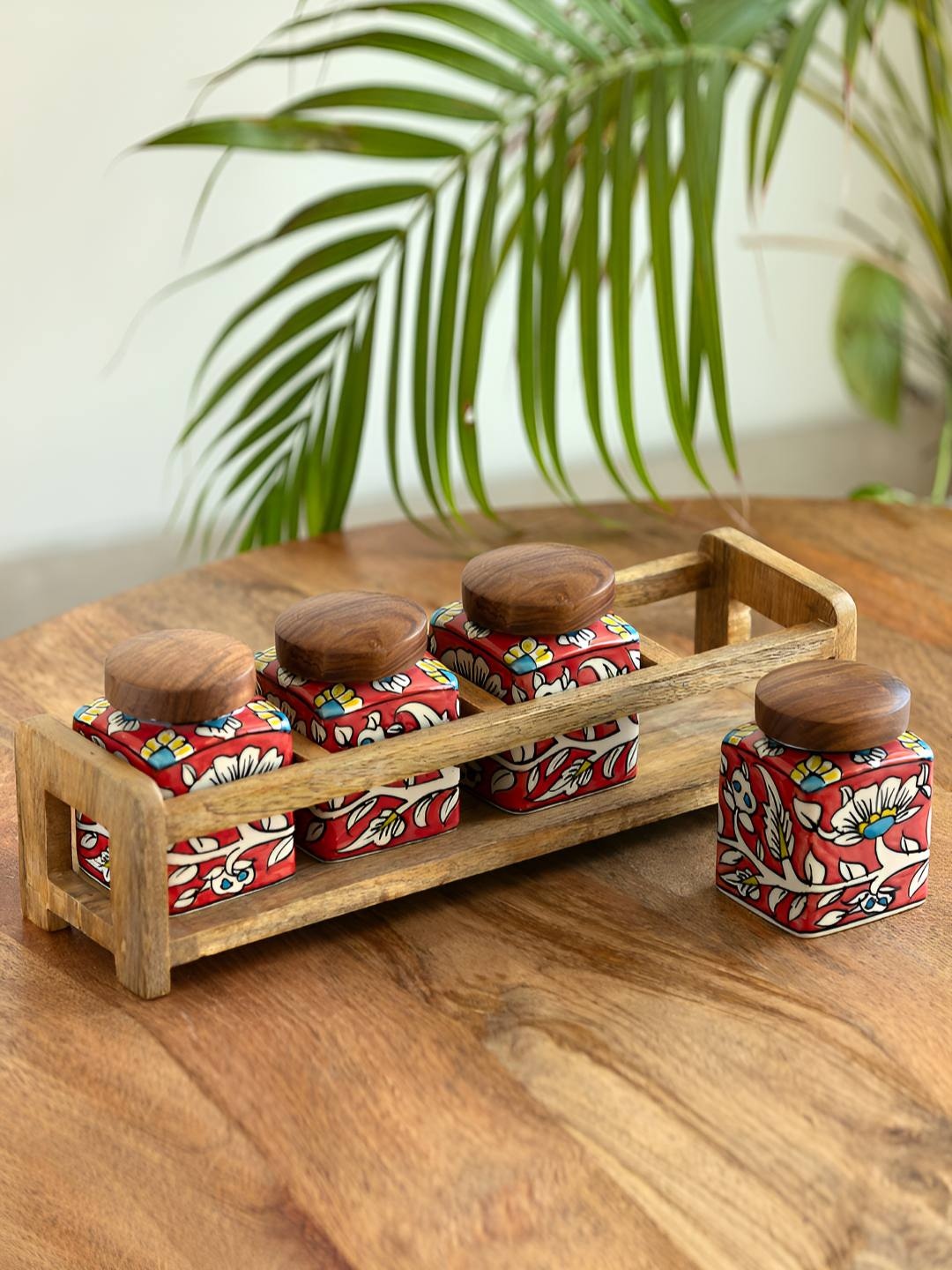 

ExclusiveLane Mughal E-Zahra 4Pcs Red & Brown Ceramic & Wood Container With Tray