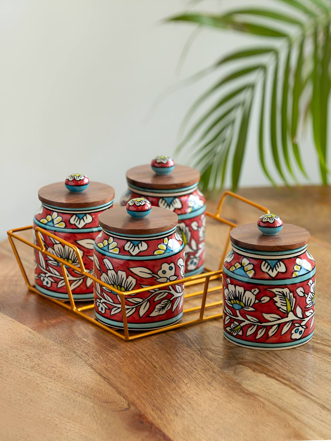 

ExclusiveLane Set Of 4 Red & Brown Ceramic Storage Container With Holder