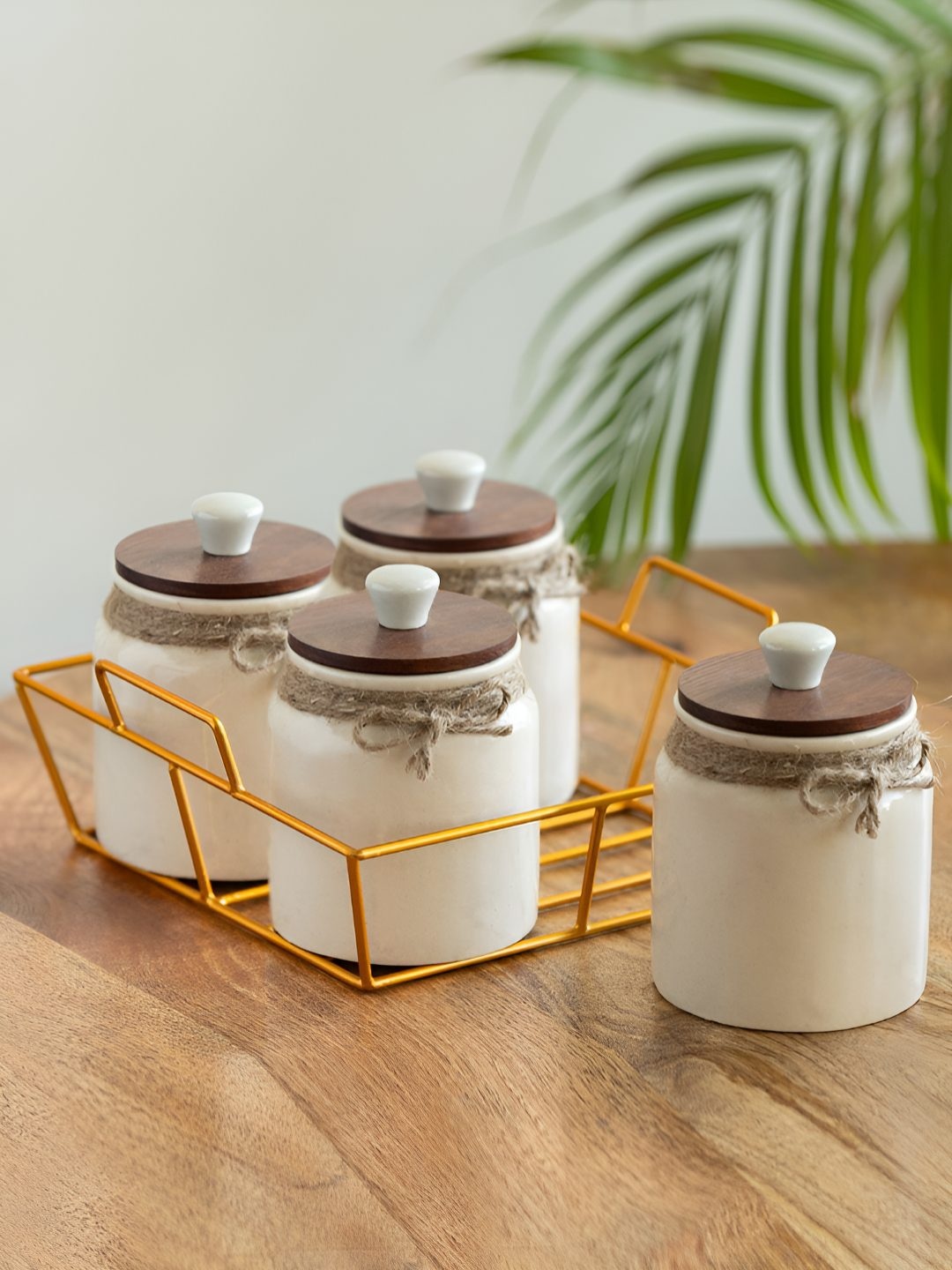 

ExclusiveLane 5-Pcs Off White & Brown Ceramic Jars With Holder