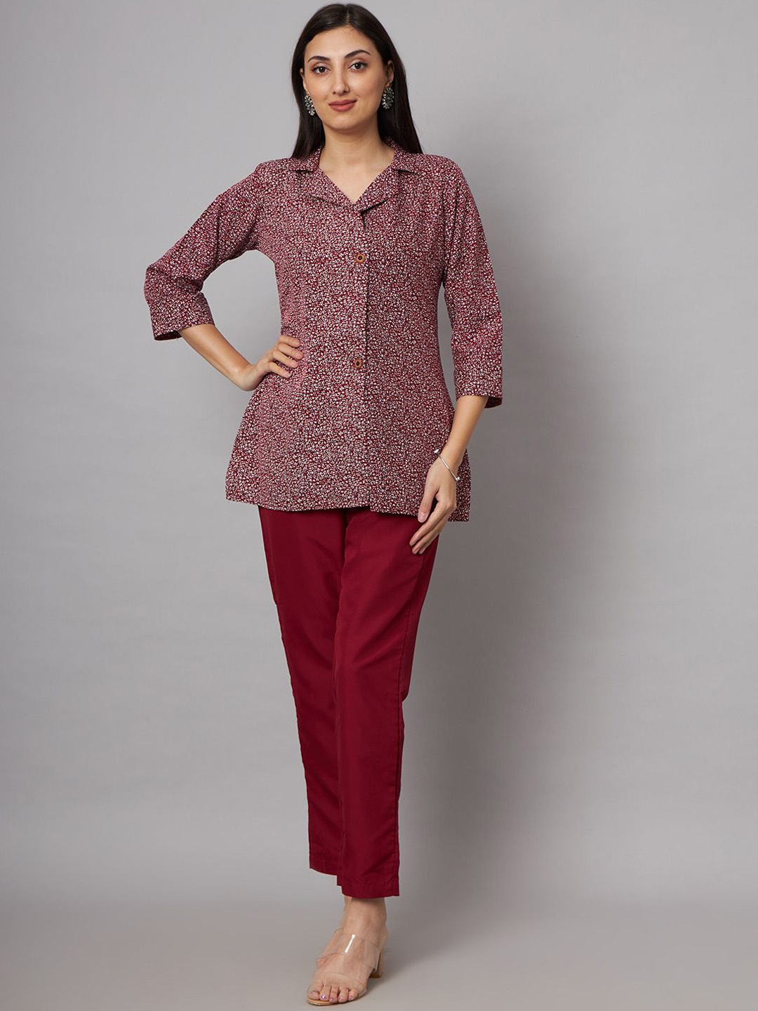 

SHRIMAY Printed Top With Trouser Co-Ords, Maroon