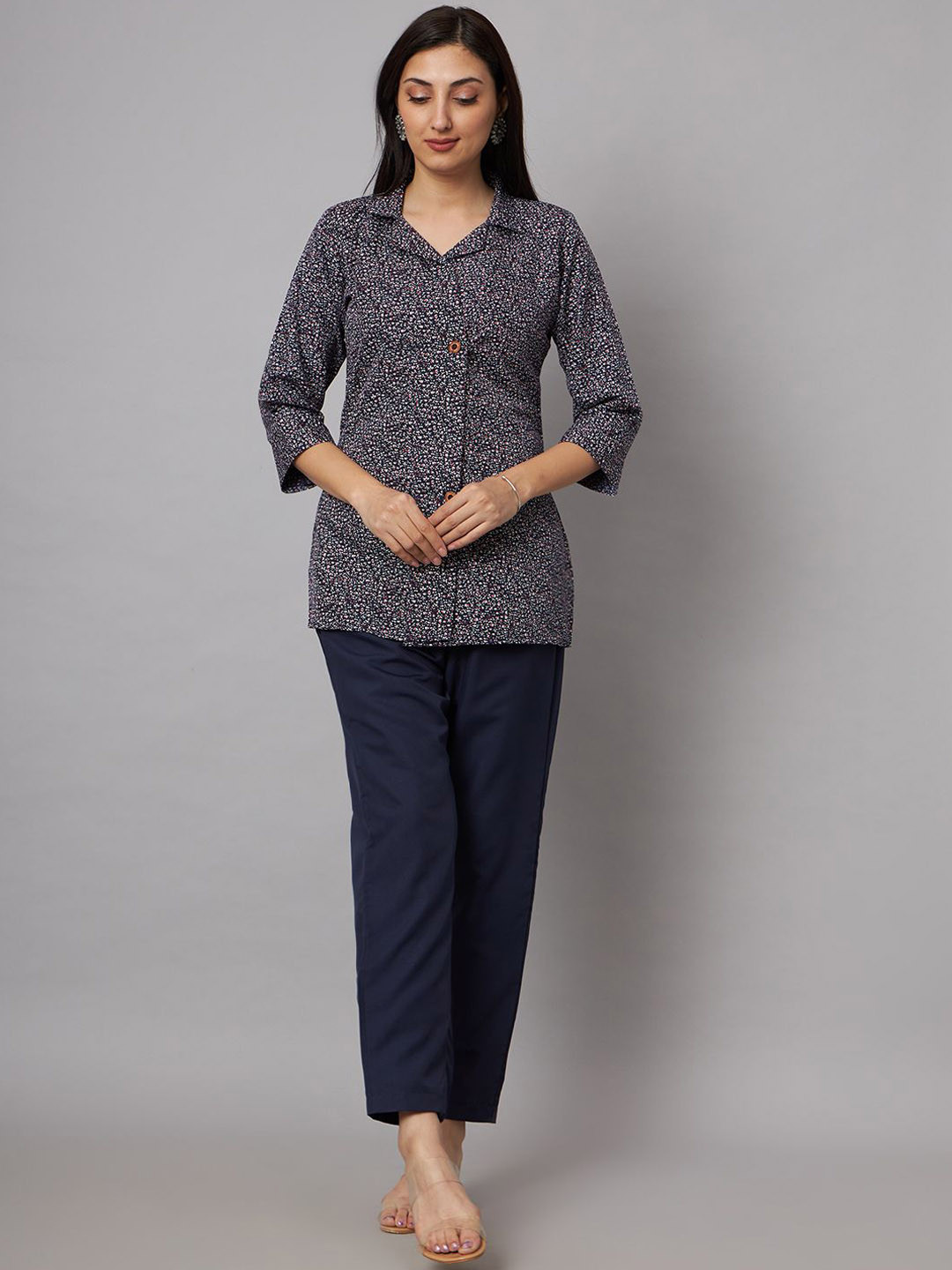 

SHRIMAY Printed Top With Trouser Co-Ords, Navy blue