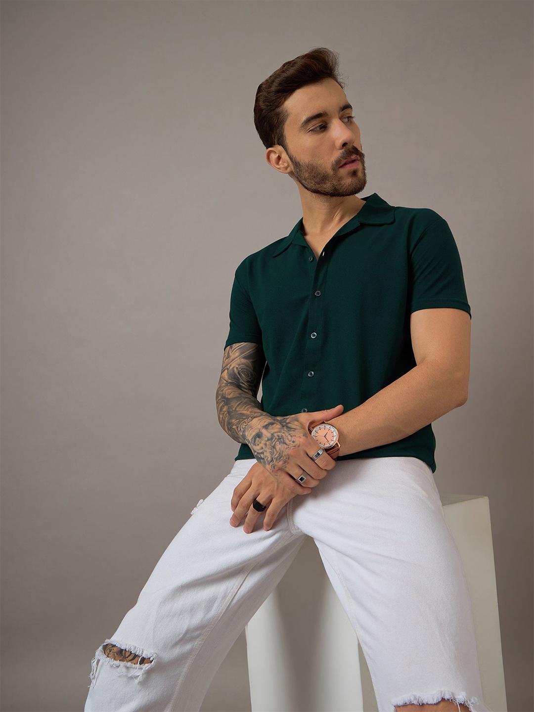 

REPRISE Men Classic Slim Fit Opaque Casual Shirt, Green