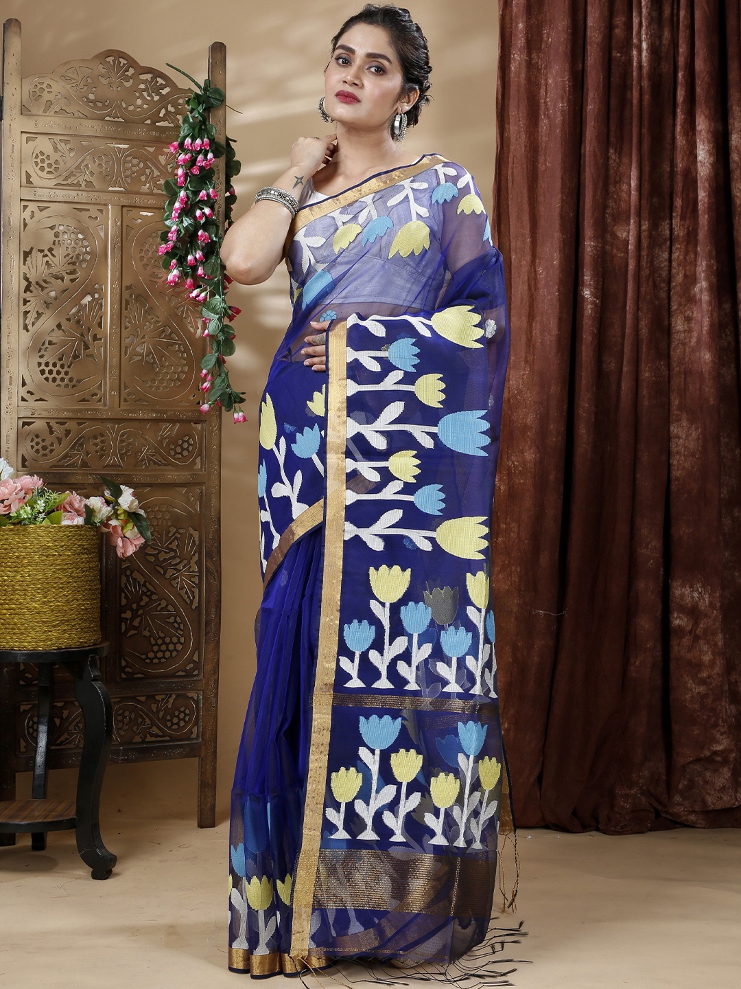 

SLAGHA Woven Design Zari Pure Silk Handloom Saree, Blue