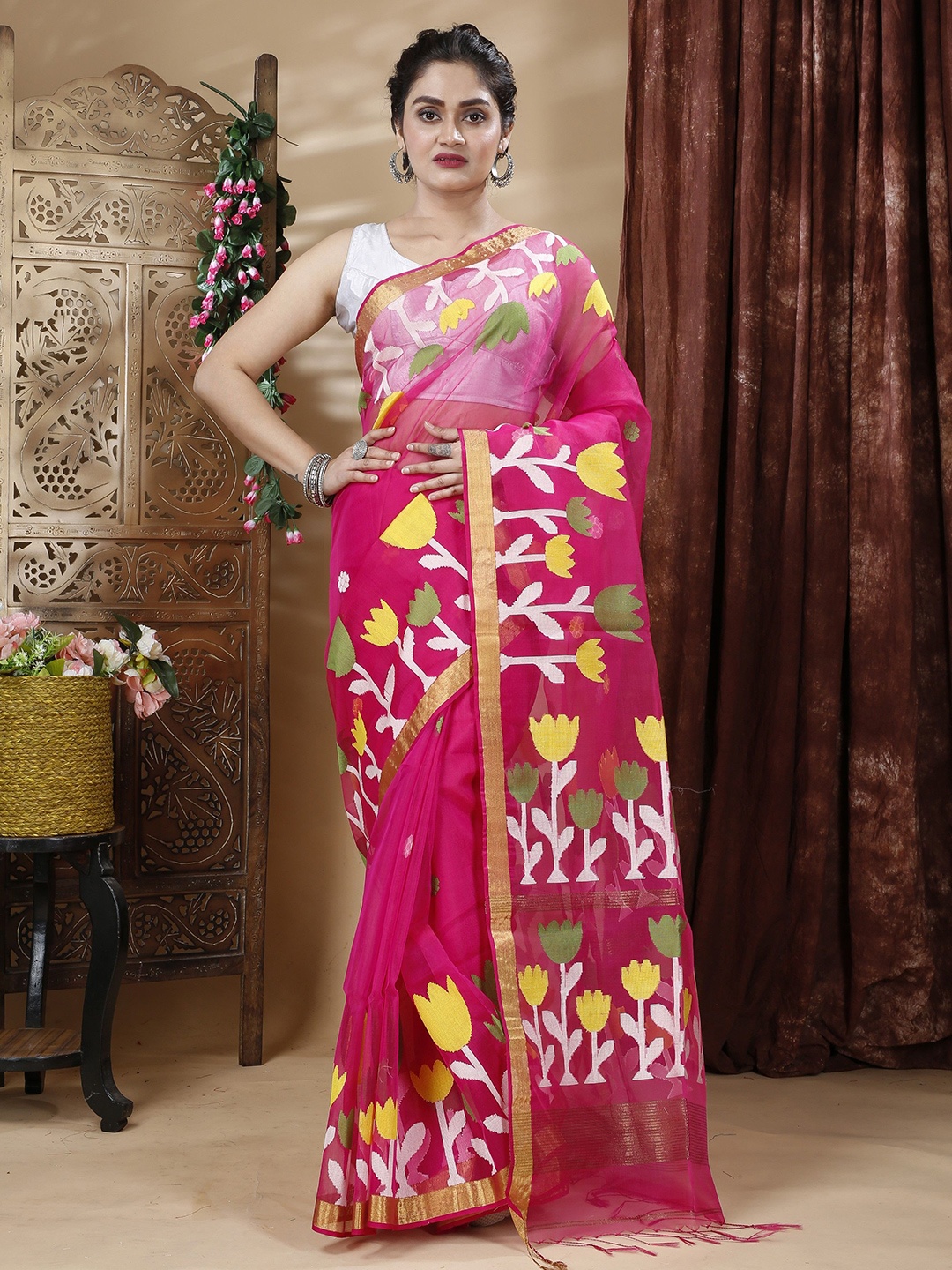 

SLAGHA Woven Design Zari Pure Silk Saree, Pink