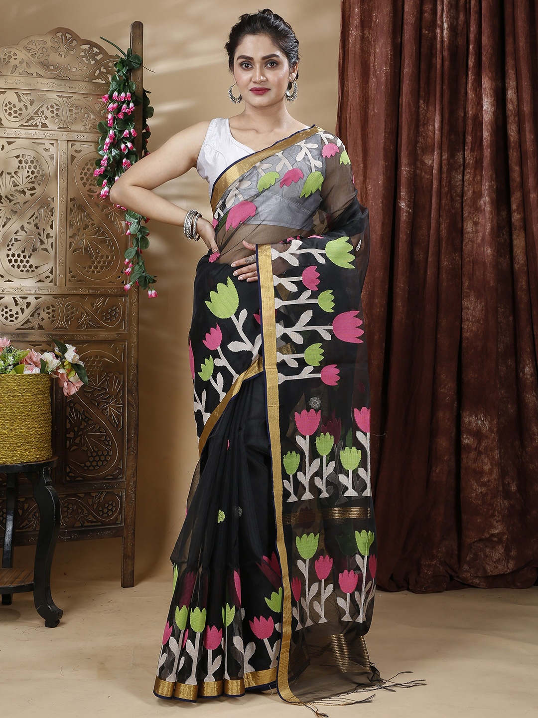 

SLAGHA Woven Design Zari Pure Silk Saree, Black