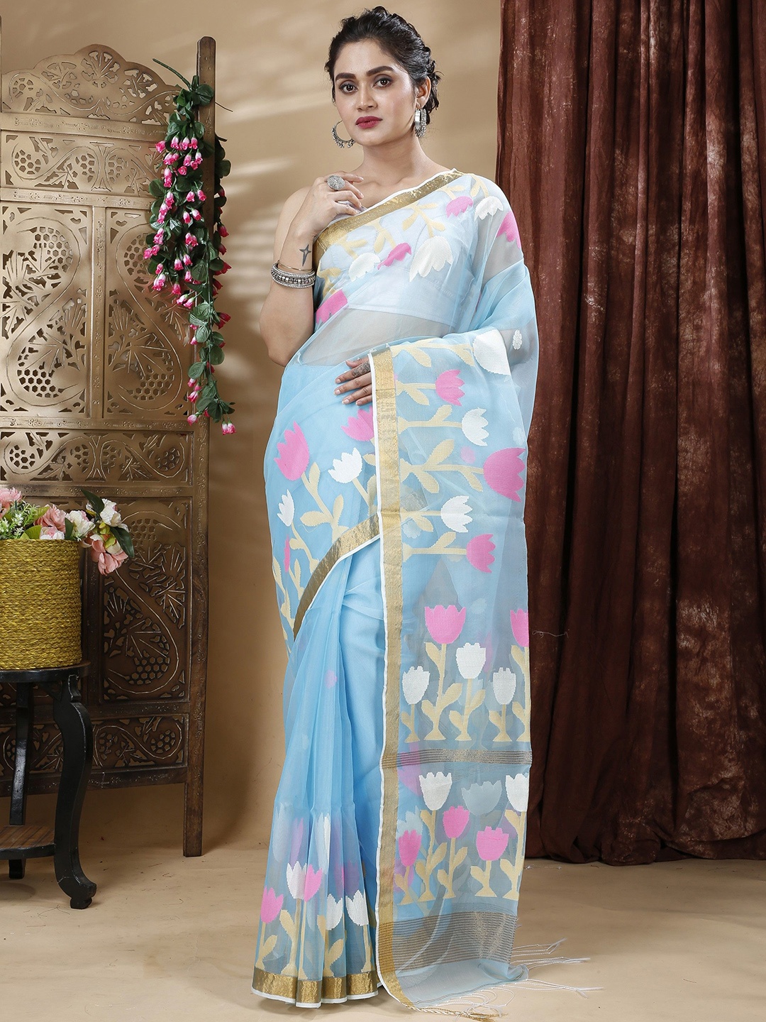

SLAGHA Floral Zari Pure Silk Saree, Turquoise blue