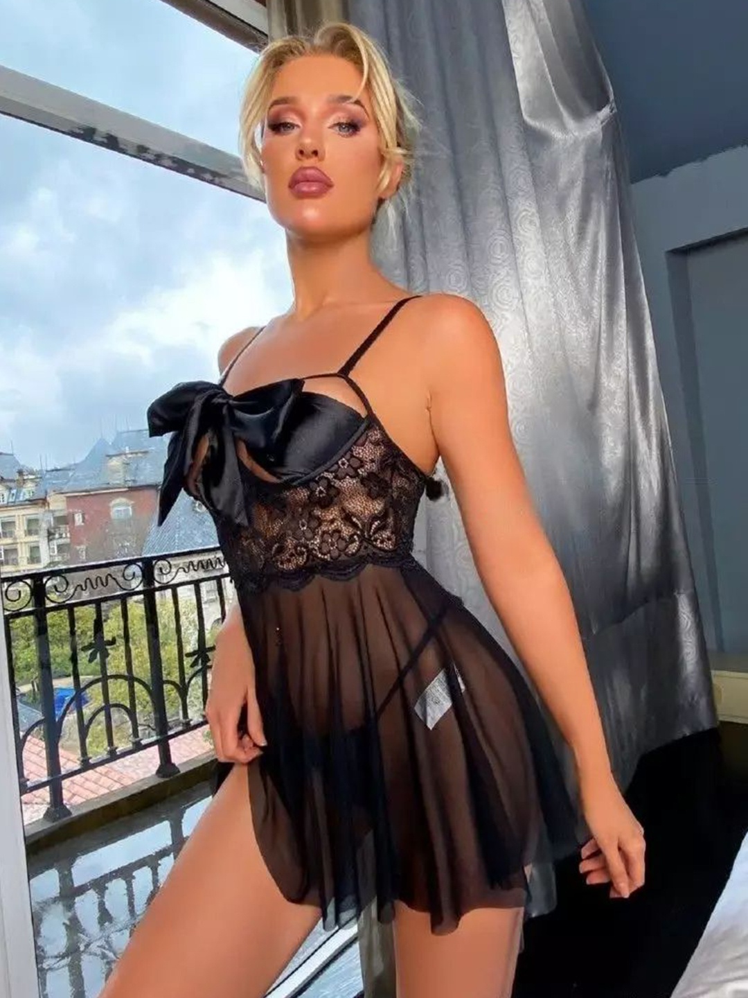 

KRENOZ Net Baby Doll with Asymmetric, Black