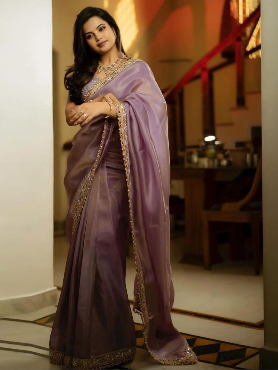 

Celeb Styles Mirror Work Tissue Saree, Lavender