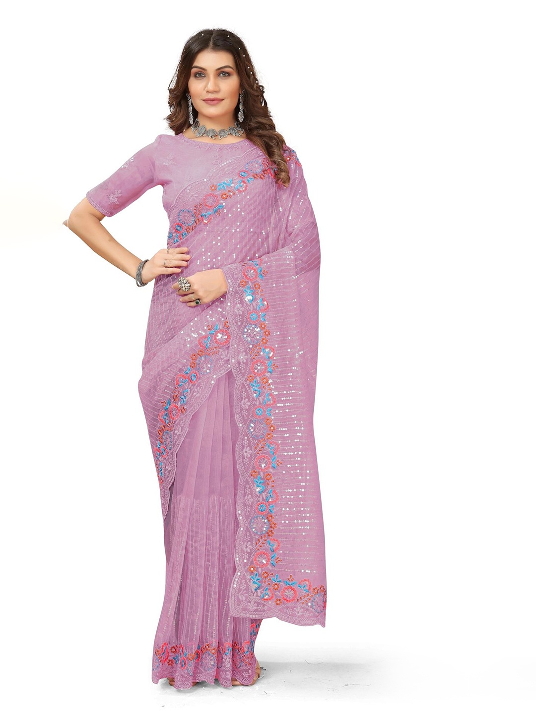 

Celeb Styles Floral Sequinned Silk Blend Saree, Lavender