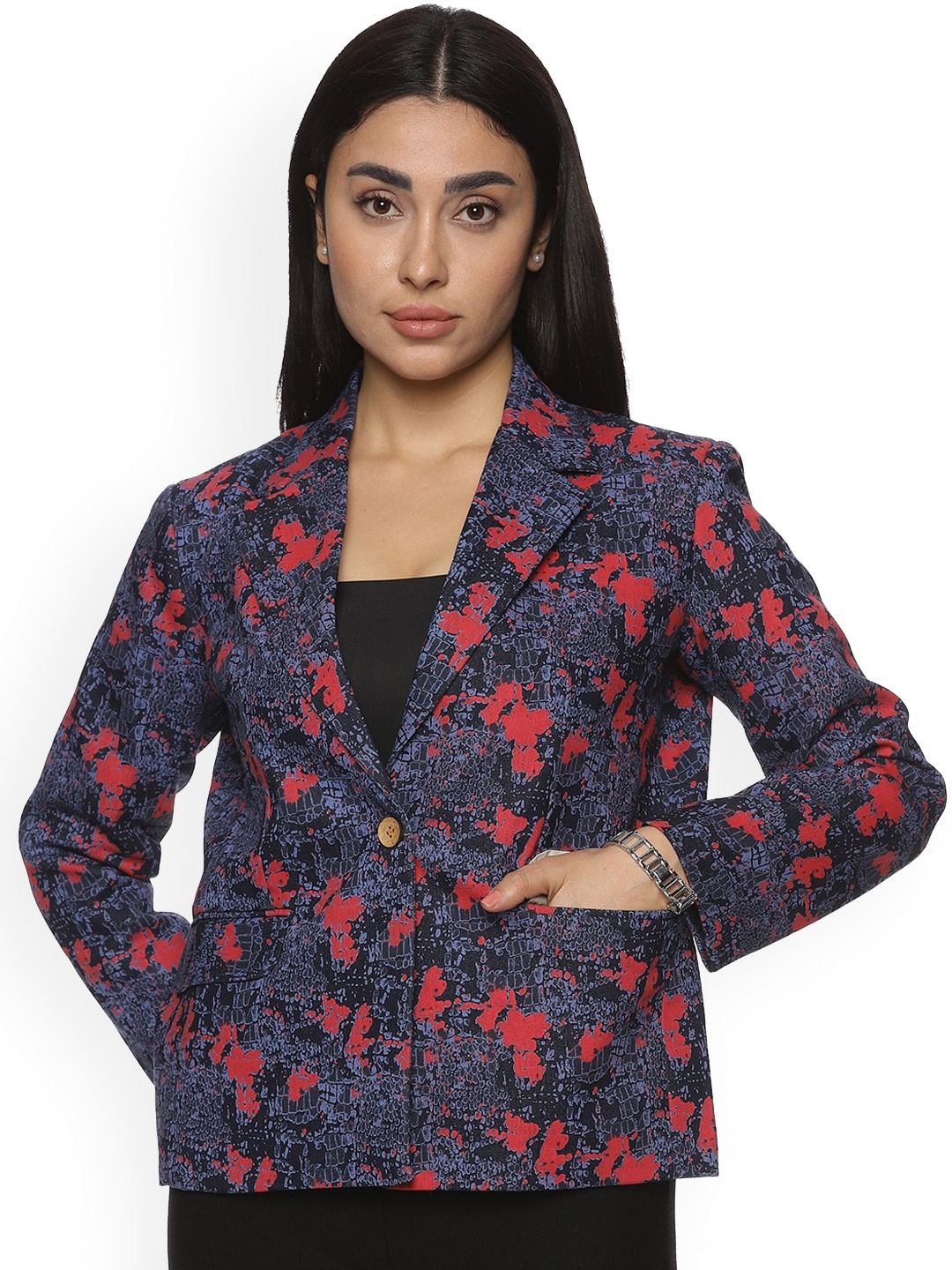 

Indyvarna Notched Lapel Printed Cotton Single-Breasted Blazers, Blue