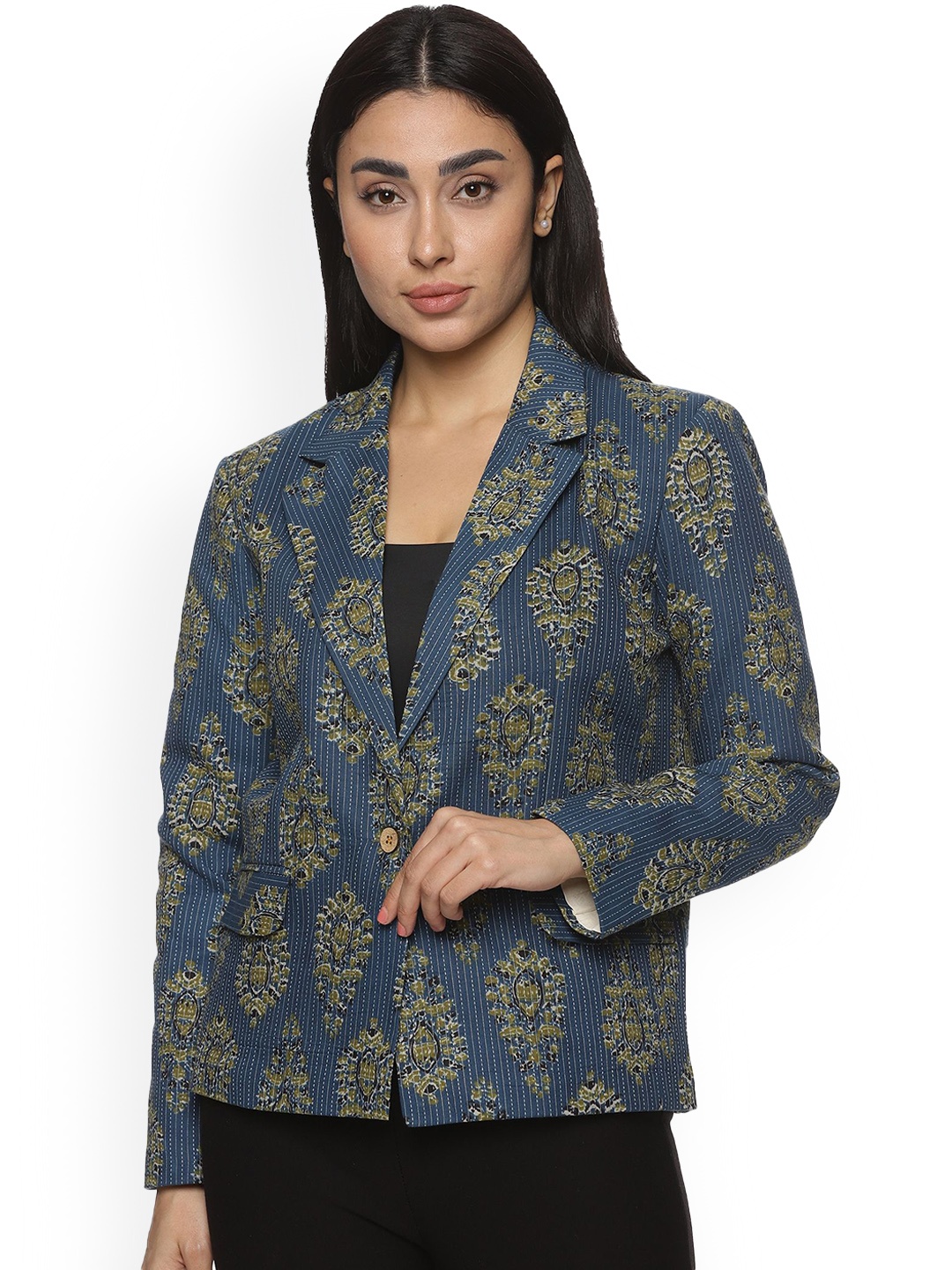 

Indyvarna Notched Lapel Printed Cotton Single-Breasted Blazers, Blue