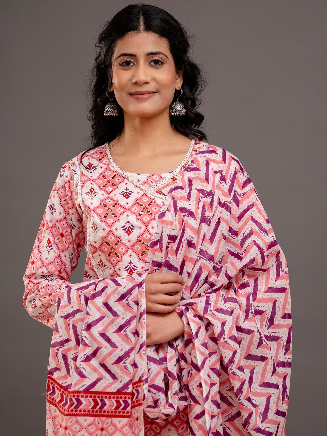 

Jasoriya Floral Printed Mirror Work Pure Cotton Straight Kurta With Trousers & Dupatta, Pink