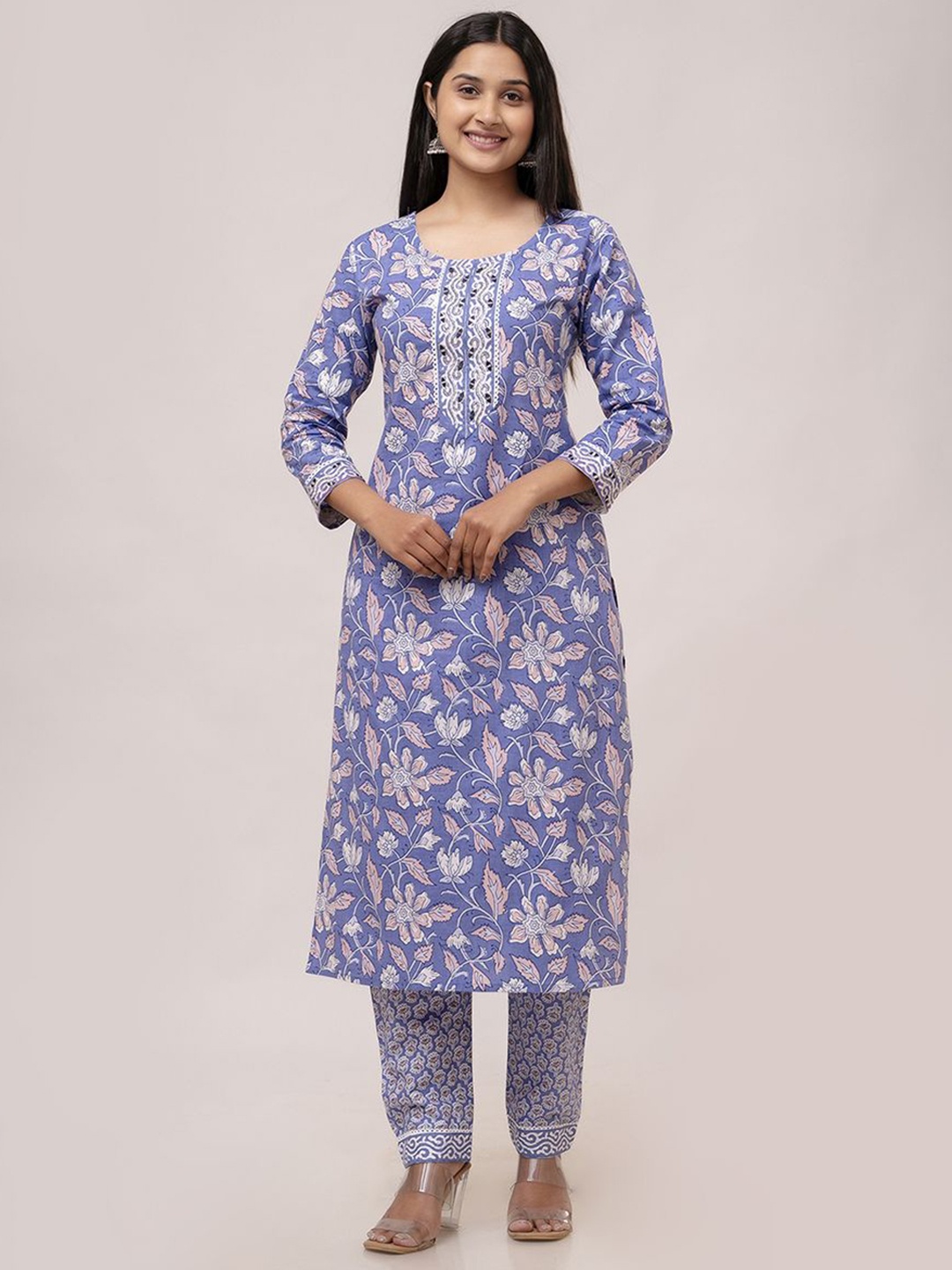 

Jasoriya Floral Printed Regular Mirror Work Pure Cotton Kurta With Trousers & Dupatta, Lavender