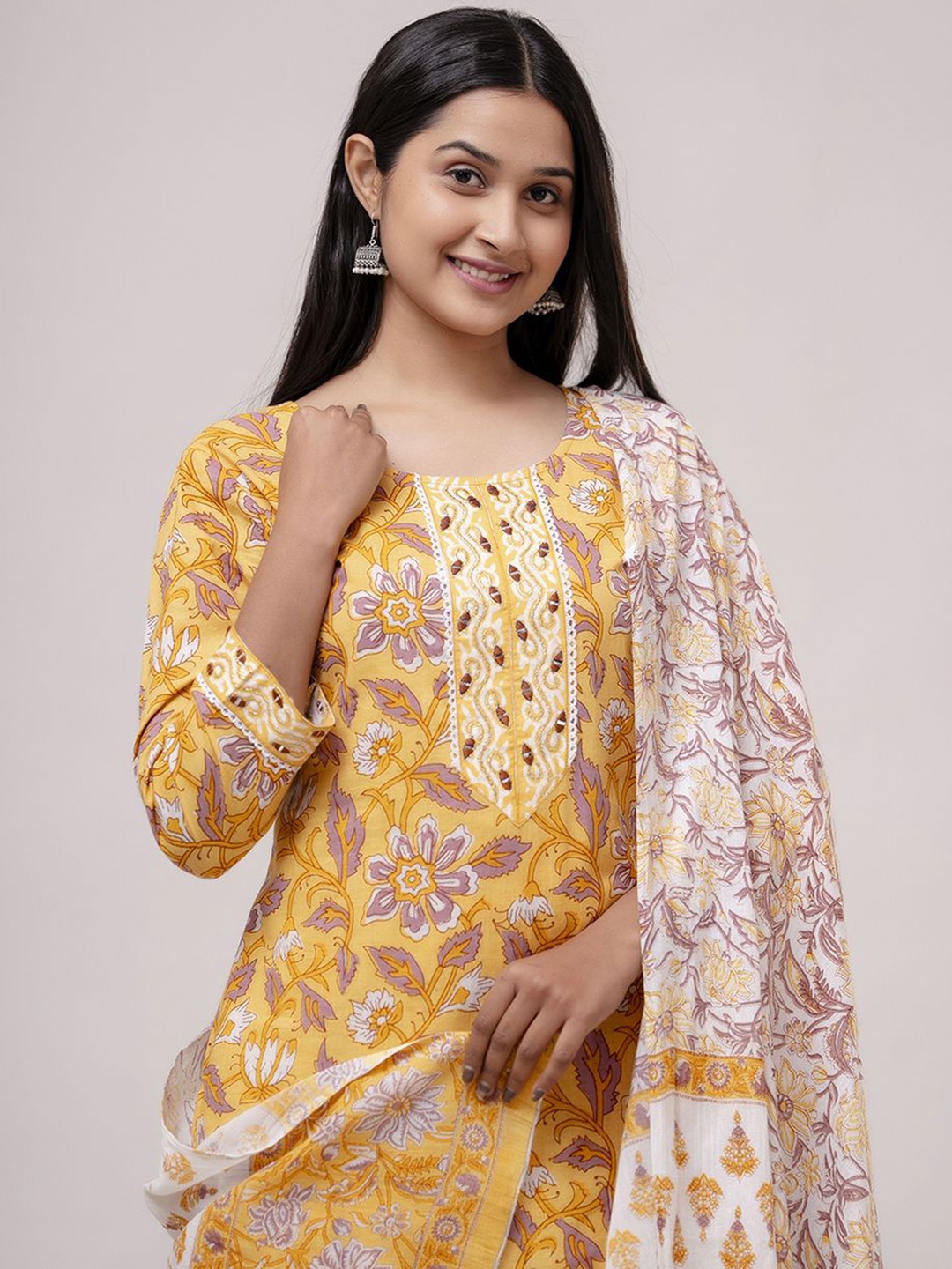 

Jasoriya Floral Printed Pure Cotton Straight Kurta With Trousers & Dupatta, Mustard