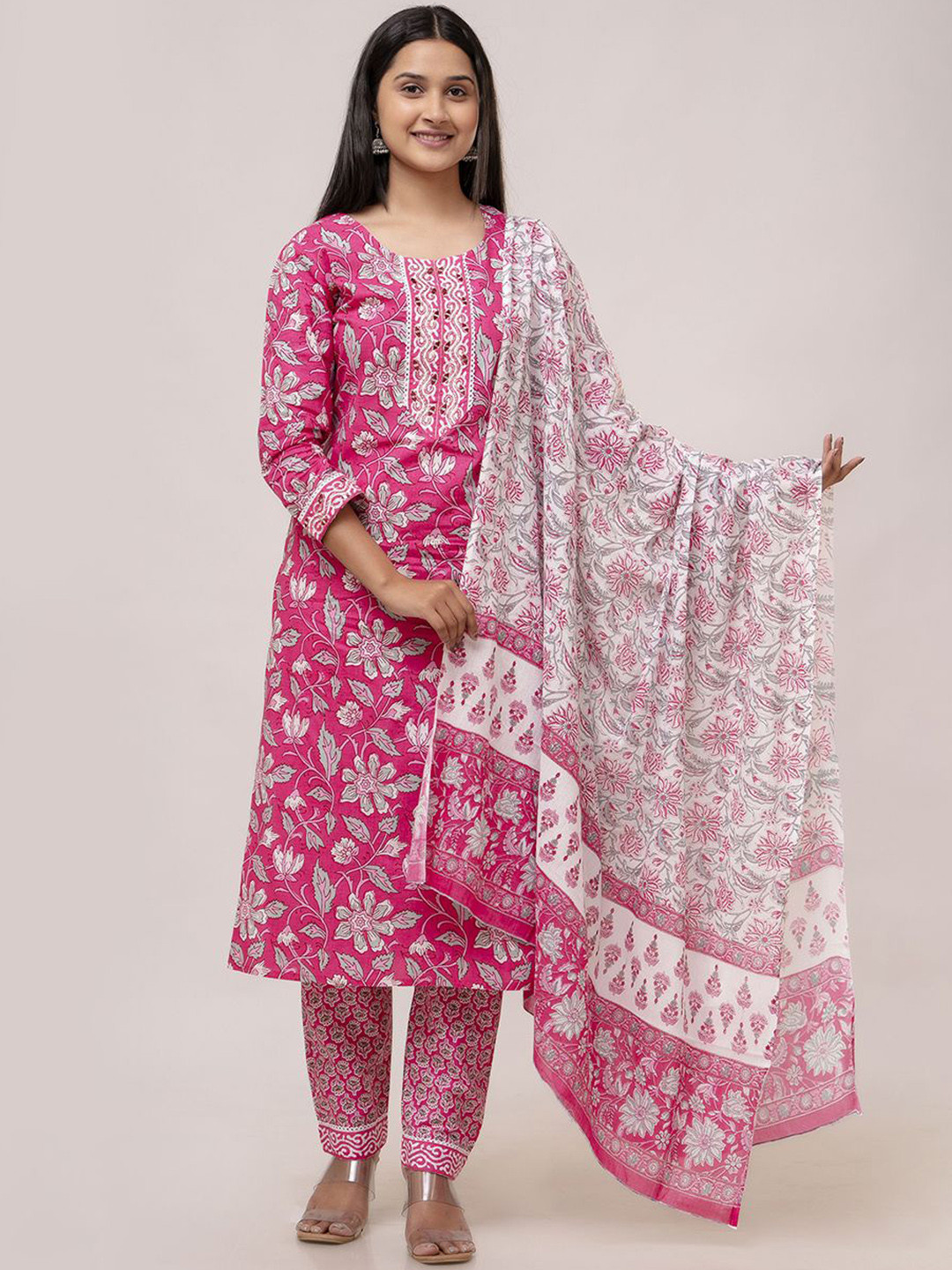 

Jasoriya Floral Printed Beads and Stones Pure Cotton Straight Kurta With Trouser & Dupatta, Pink