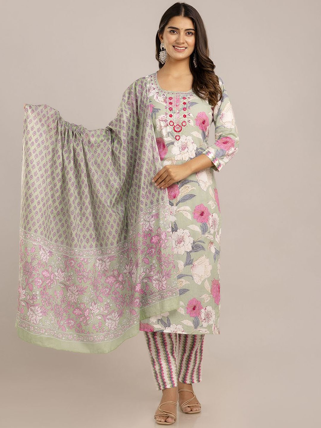 

Jasoriya Floral Printed Mirror Work Pure Cotton Straight Kurta With Trousers & Dupatta, Green