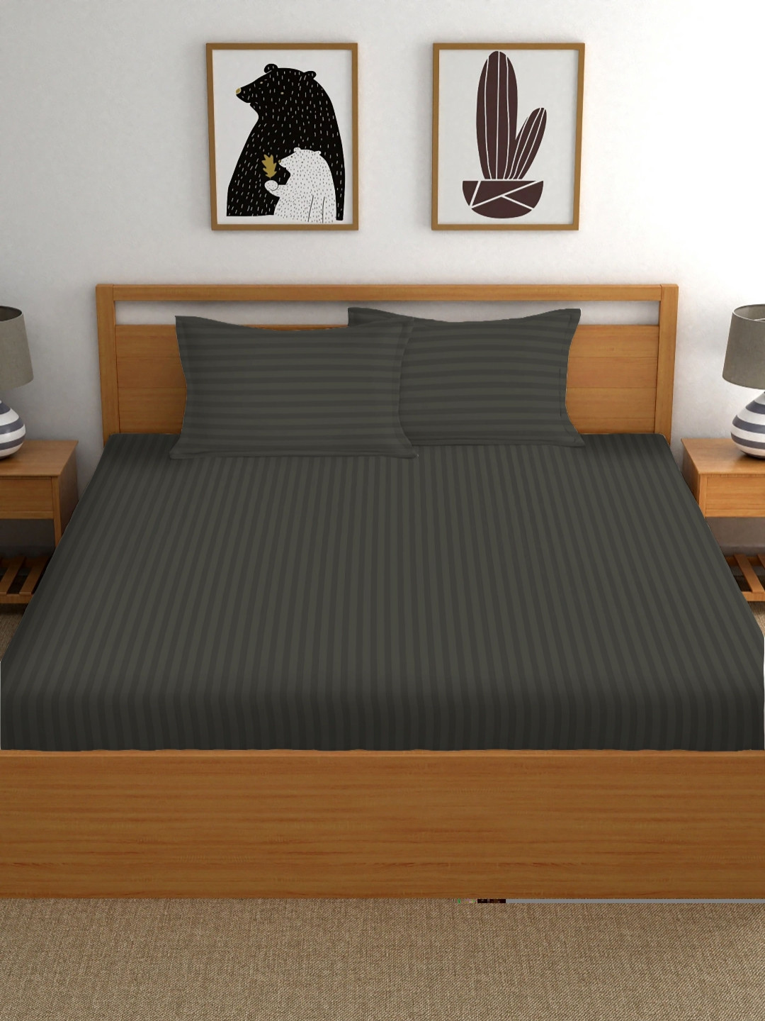 

RIDHAAN Grey Striped 220 TC Cotton Queen Fitted Bedsheet With 2 Pillow Covers
