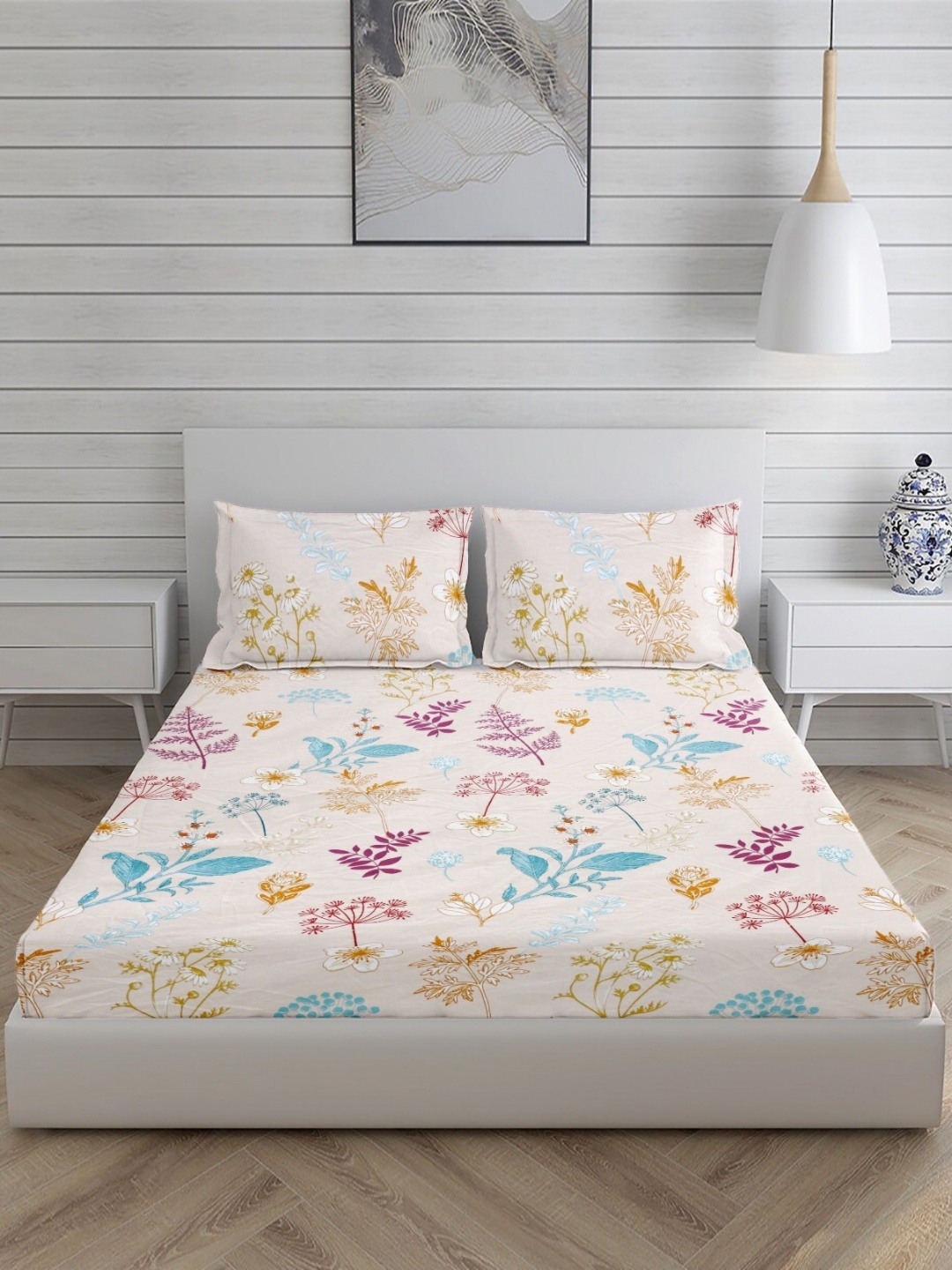 

RIDHAAN White & Blue Floral 220 TC Cotton Queen Fitted Bedsheet With 2 Pillow Covers