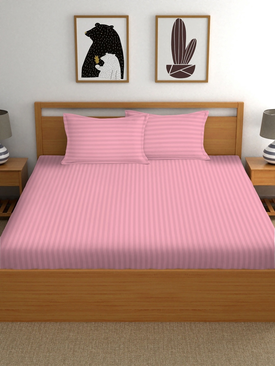 

RIDHAAN Pink Striped 220 TC Cotton Queen Fitted Bedsheet With 2 Pillow Covers